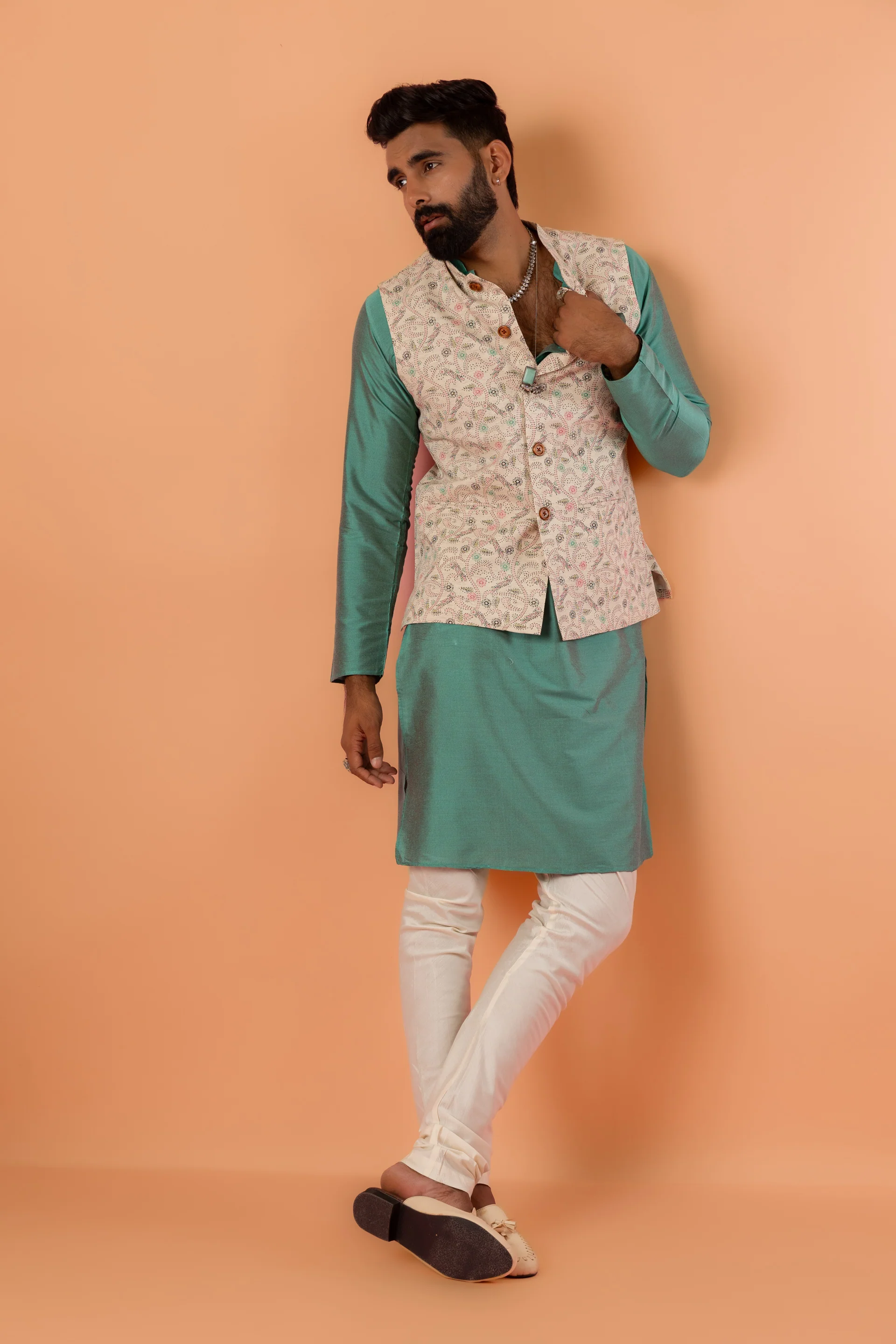 Beige Printed Nehru Jacket - Image 3