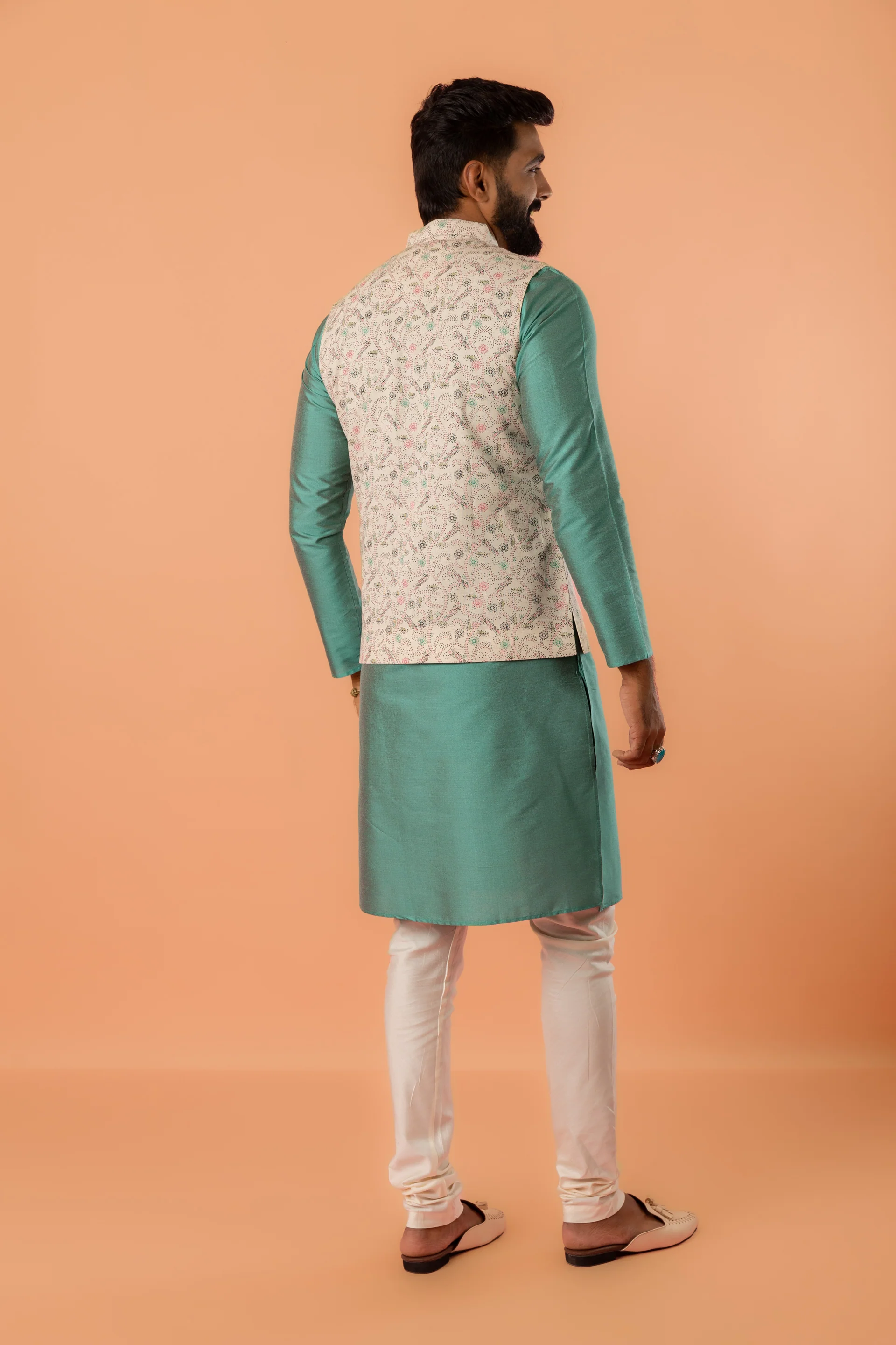 Beige Printed Nehru Jacket - Image 6