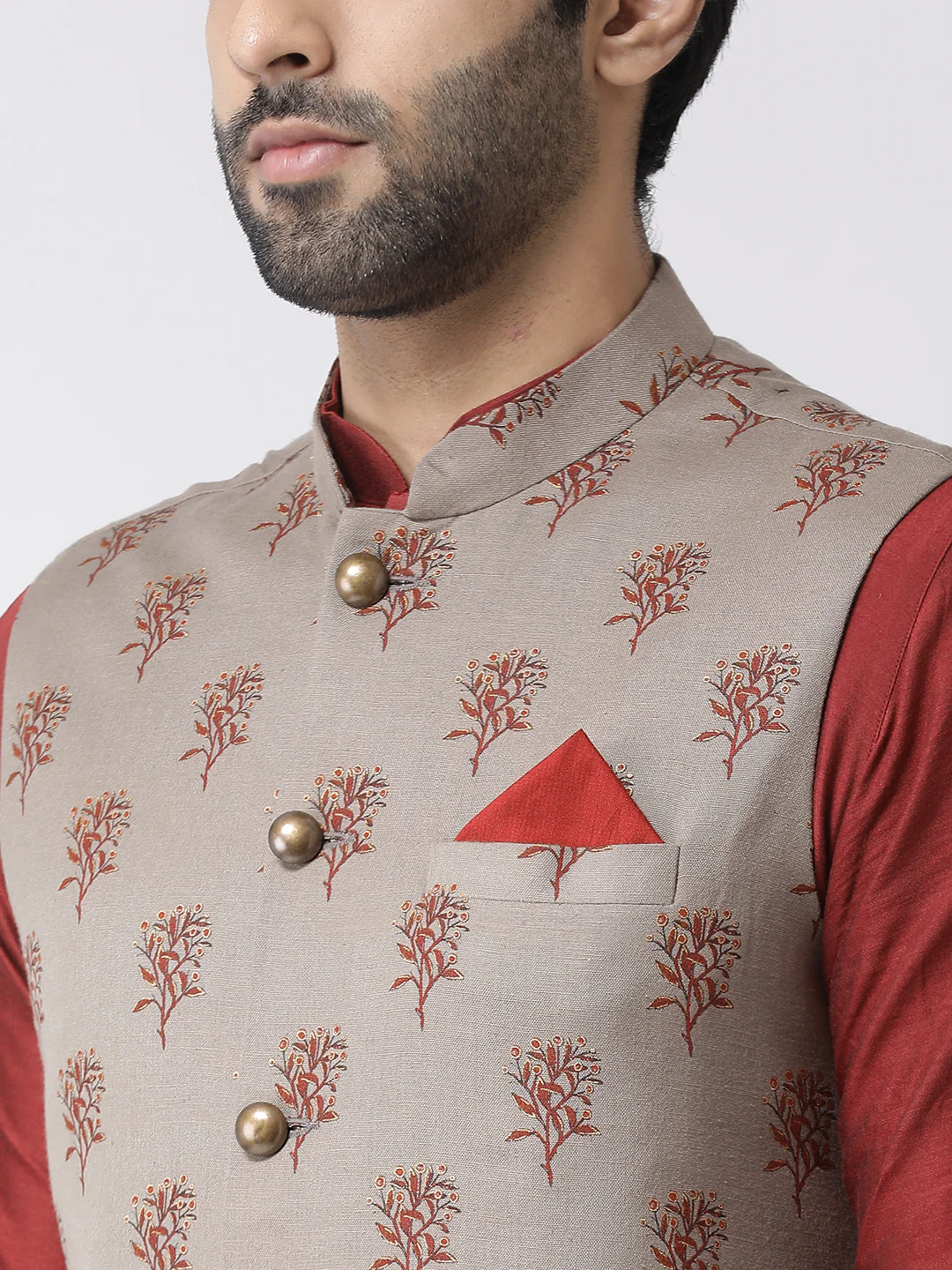 Men Maroon Printed Nehru Jacket - Image 4