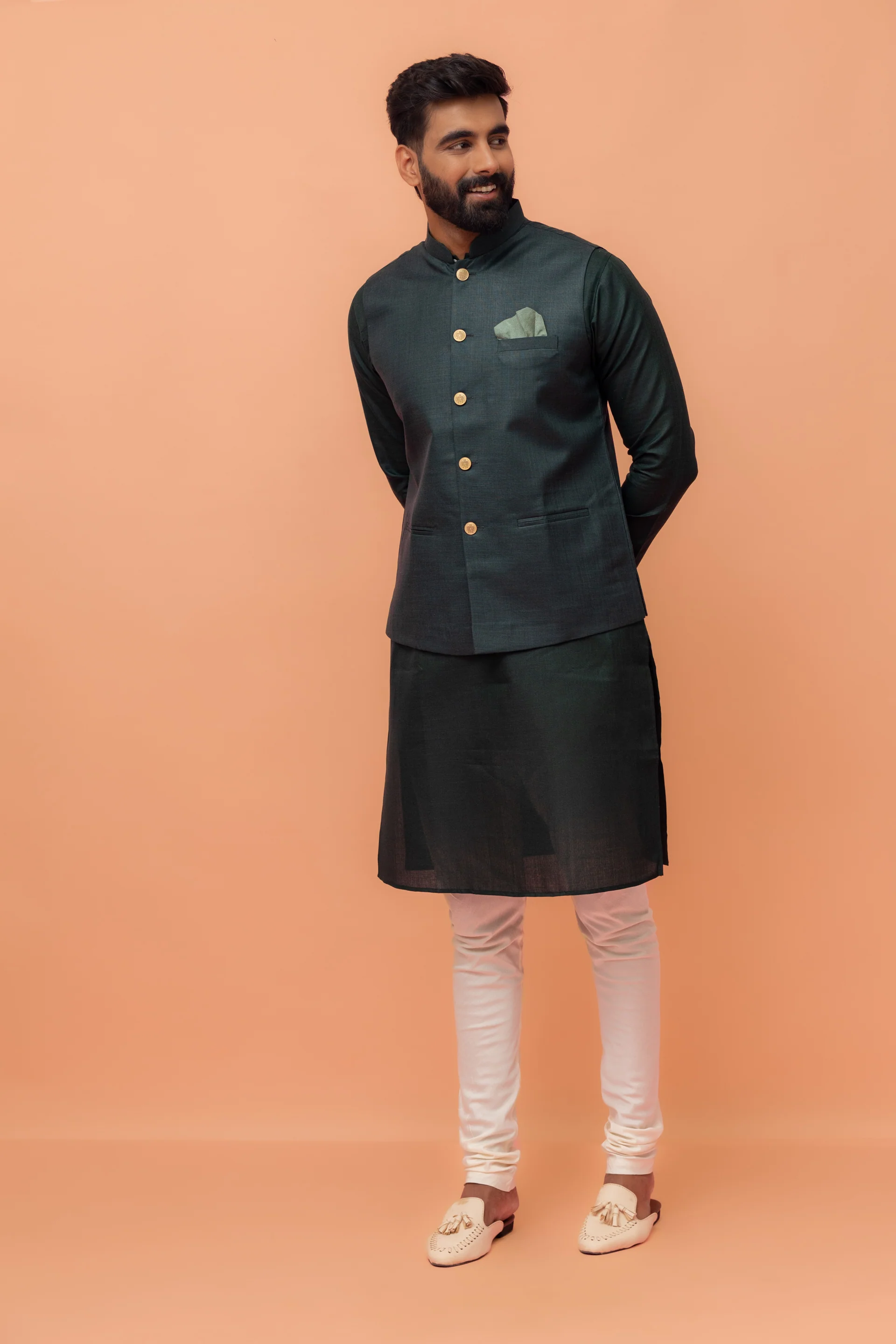 Men Green Solid Nehru Jacket - Image 7