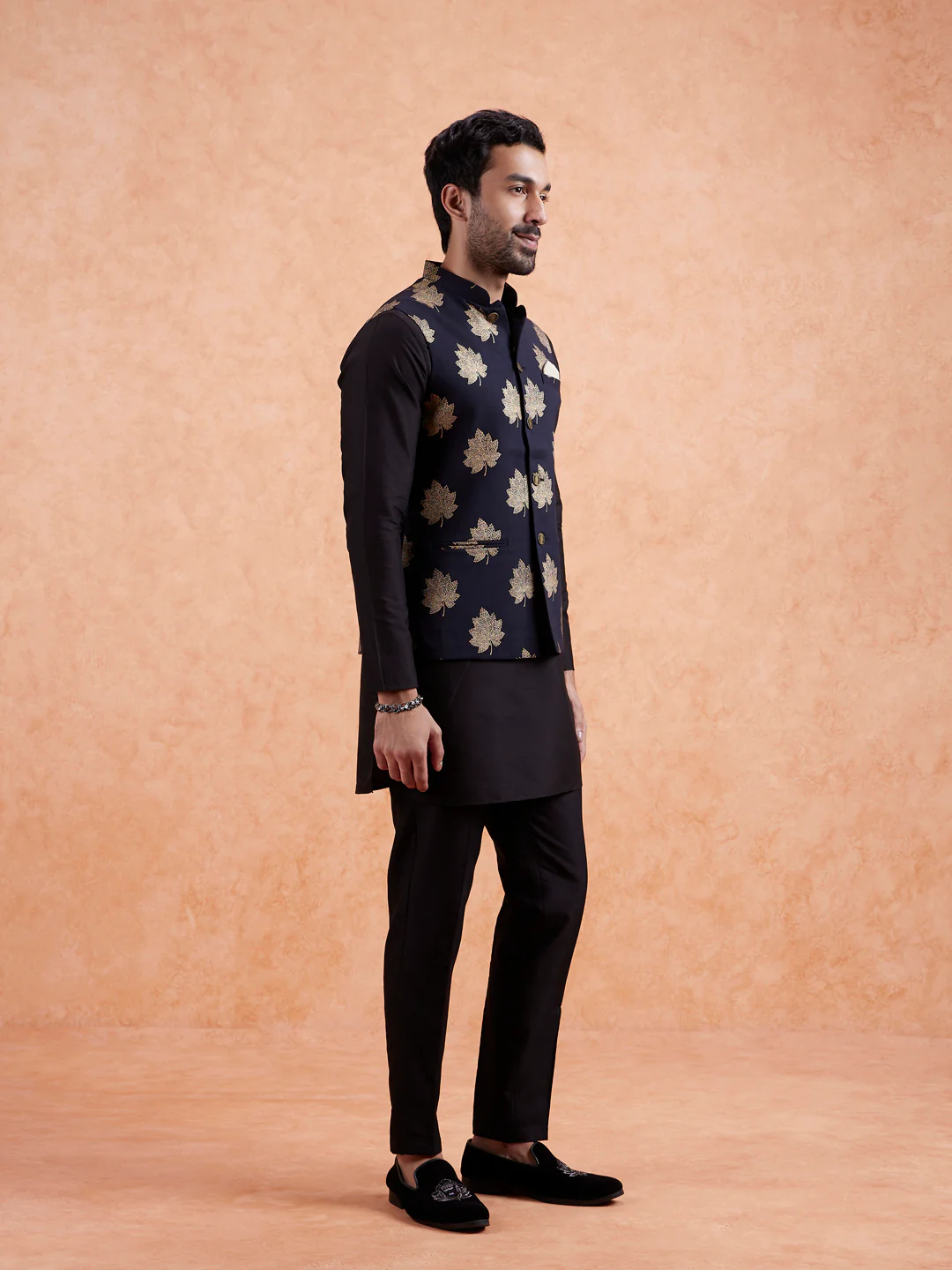 Black Silk Printed Nehru Jacket Bundi - Image 4