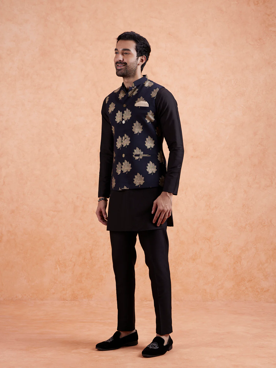 Black Silk Printed Nehru Jacket Bundi - Image 5