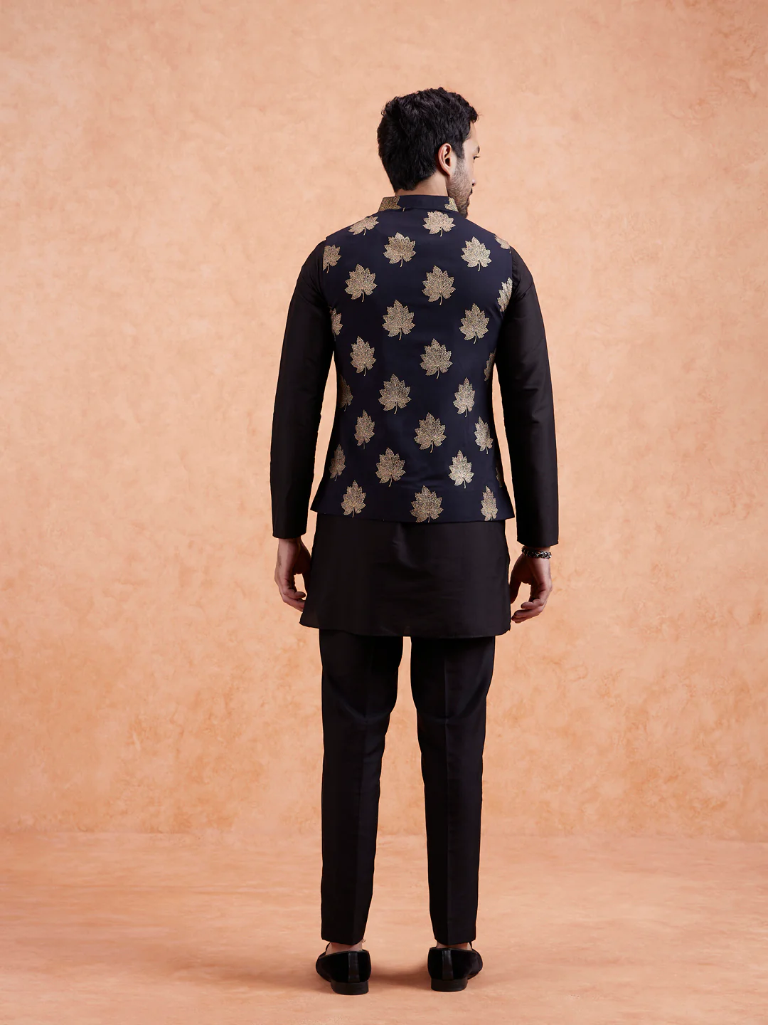 Black Silk Printed Nehru Jacket Bundi - Image 6