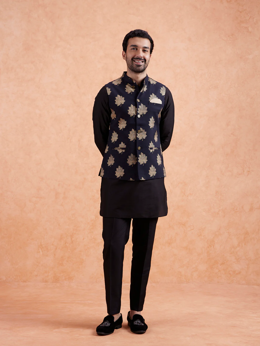 Black Silk Printed Nehru Jacket Bundi - Image 7