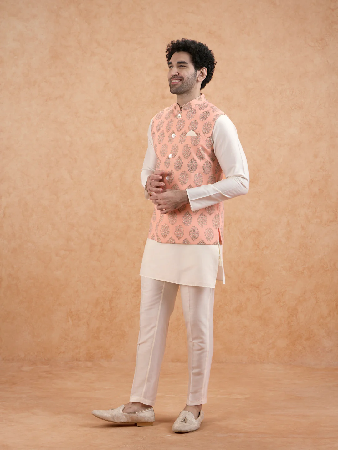 Peach Nehru Jacket with all over print - Image 3