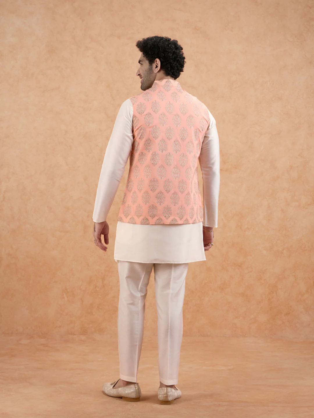 Peach Nehru Jacket with all over print - Image 5