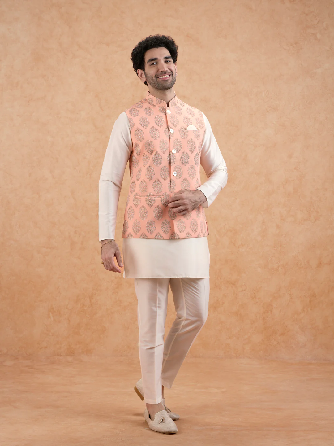 Peach Nehru Jacket with all over print - Image 6