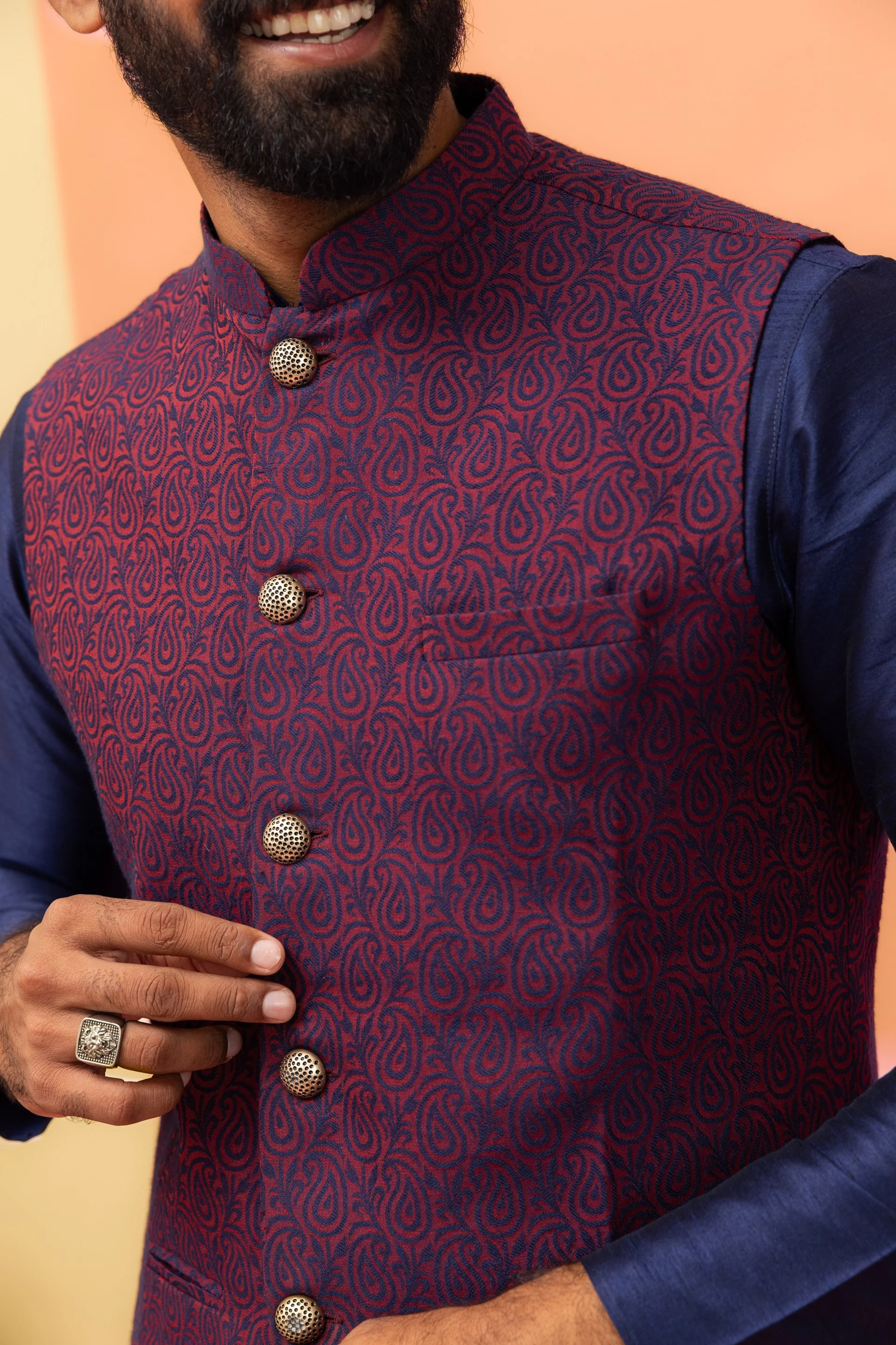 Wine Red Textured Nehru Jacket - Image 5