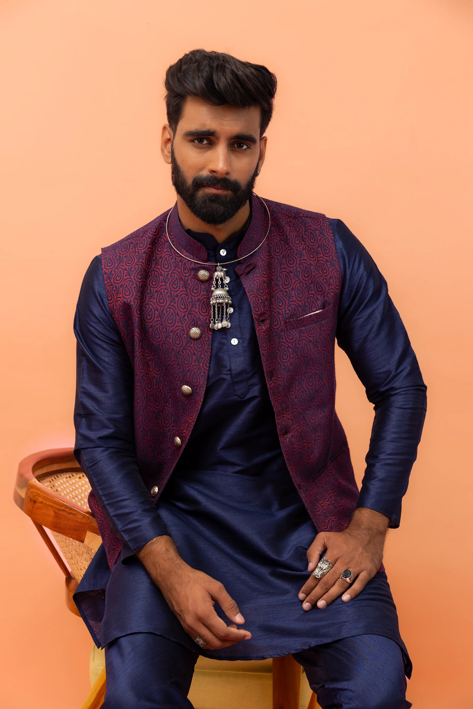 Wine Red Textured Nehru Jacket - Image 6