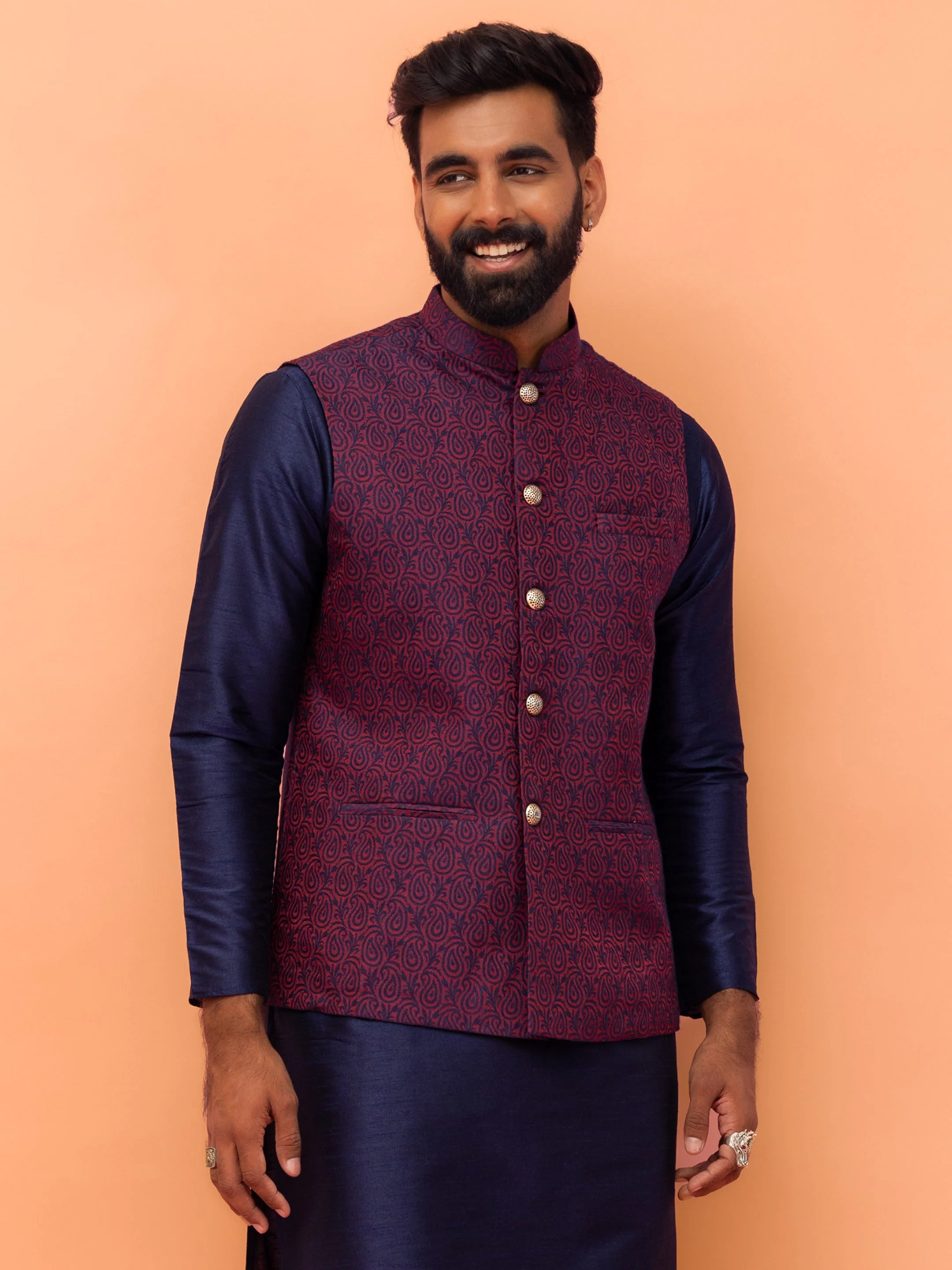 Wine Red Textured Nehru Jacket - Image 7