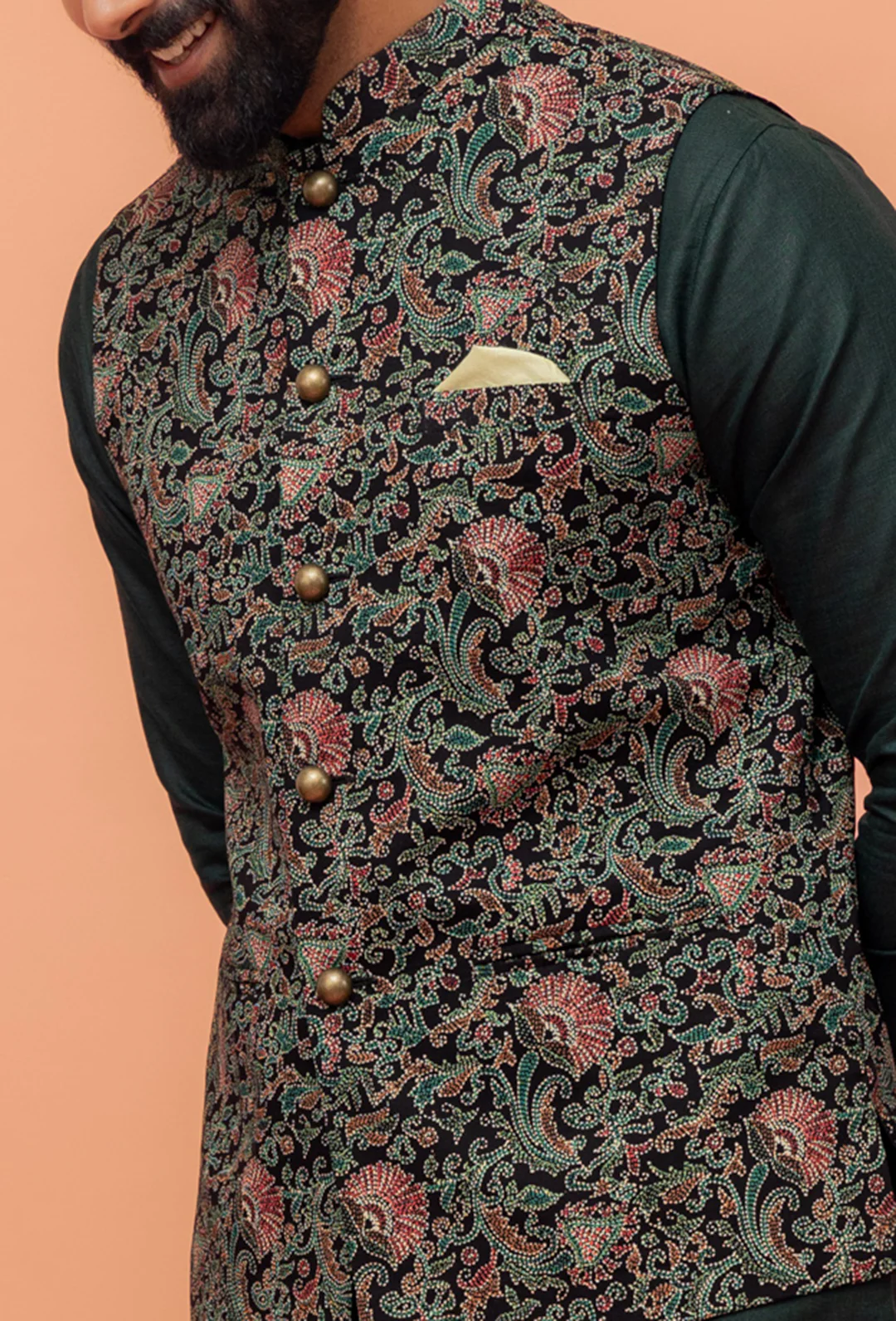 Black Multi-Color Printed Nehru Jacket - Image 7