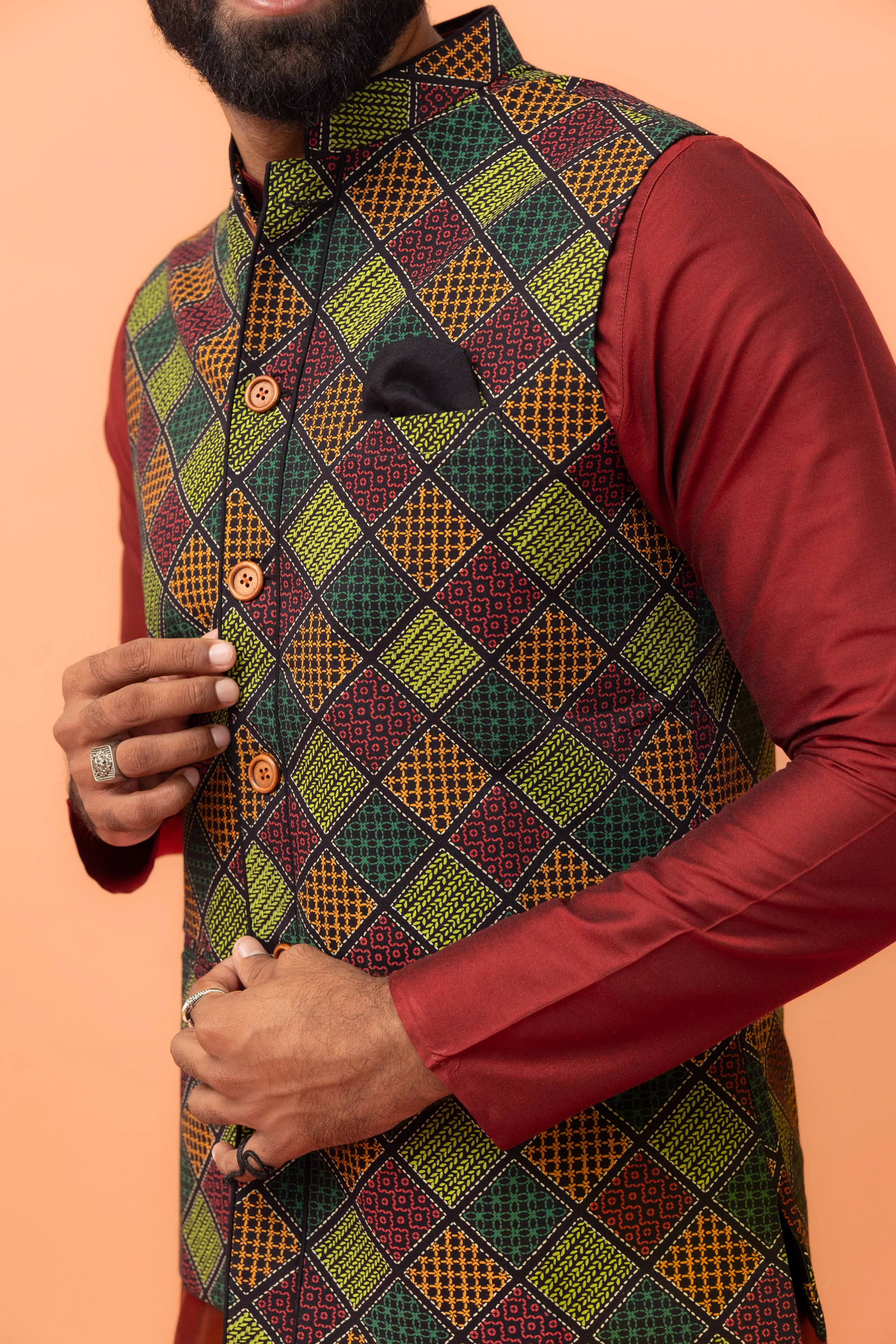 Multicolor Geometric Printed Nehru Jacket - Image 6