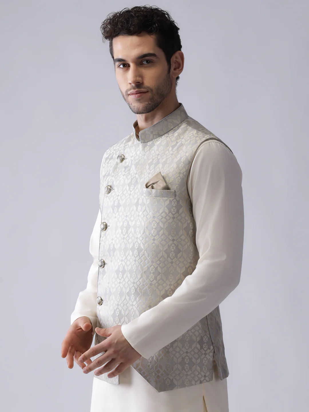 Men Grey Woven Design Nehru Jacket - Image 3