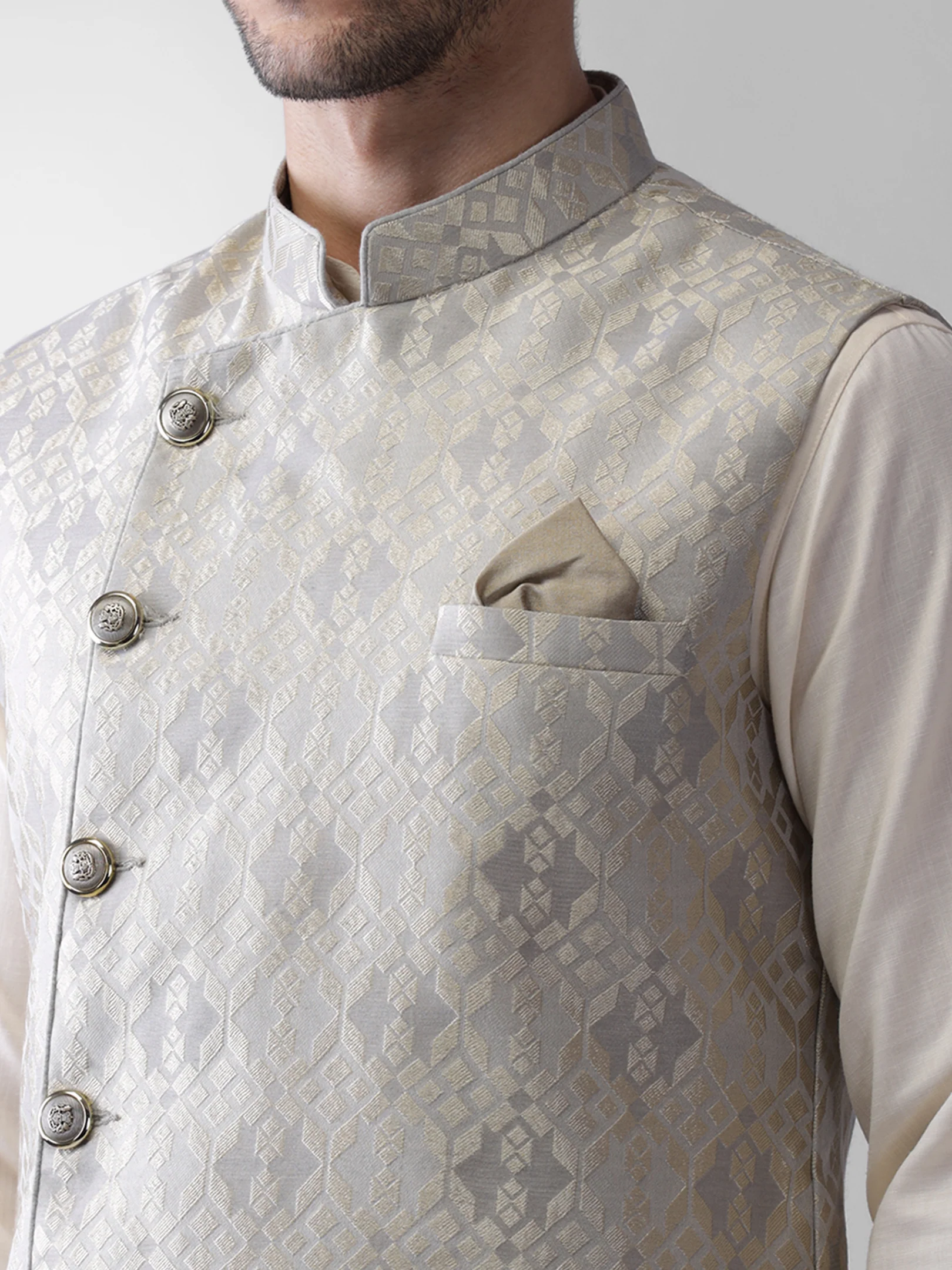 Men Grey Woven Design Nehru Jacket - Image 5