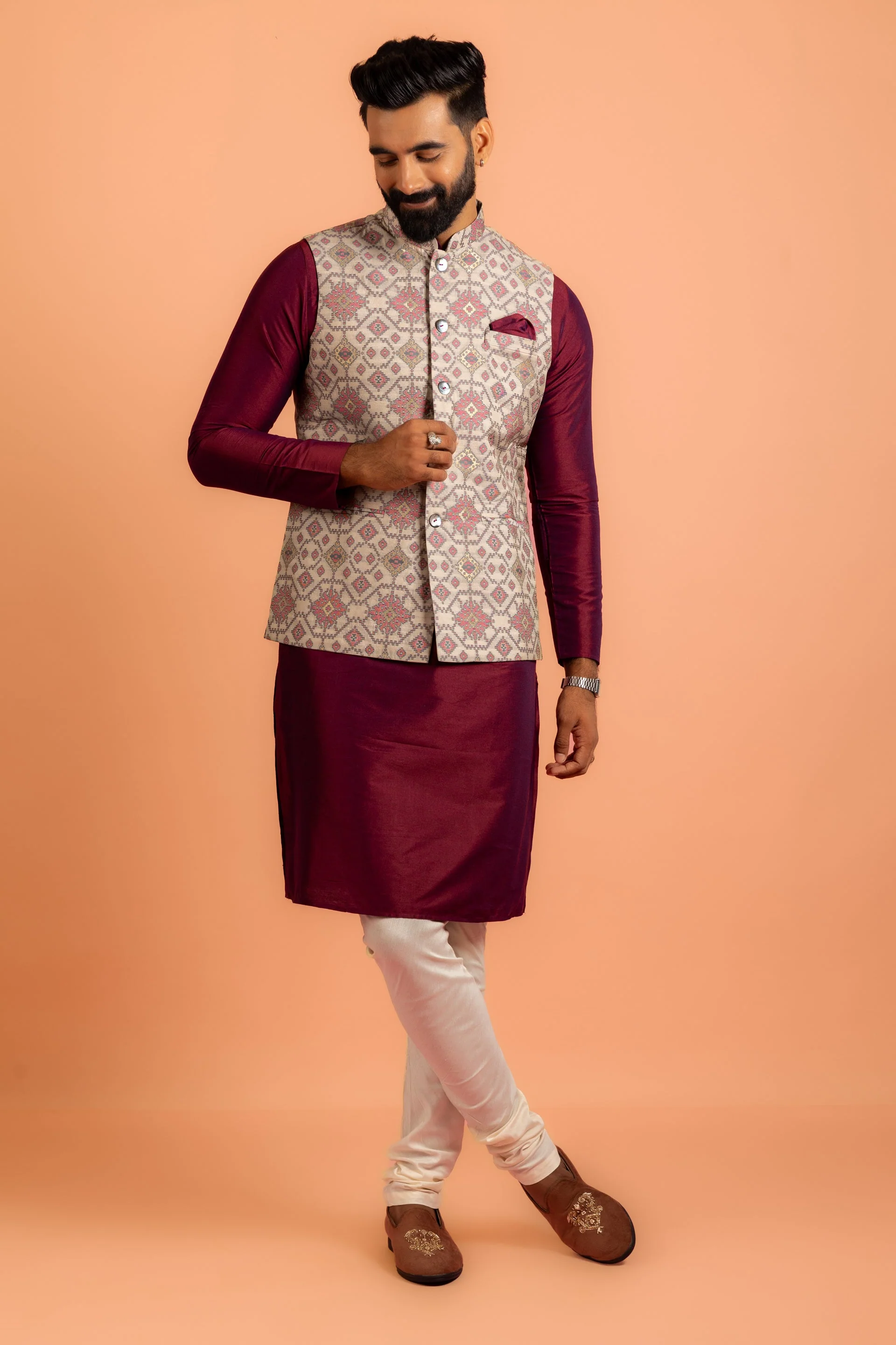 Men Grey Woven Design Nehru Jacket - Image 16