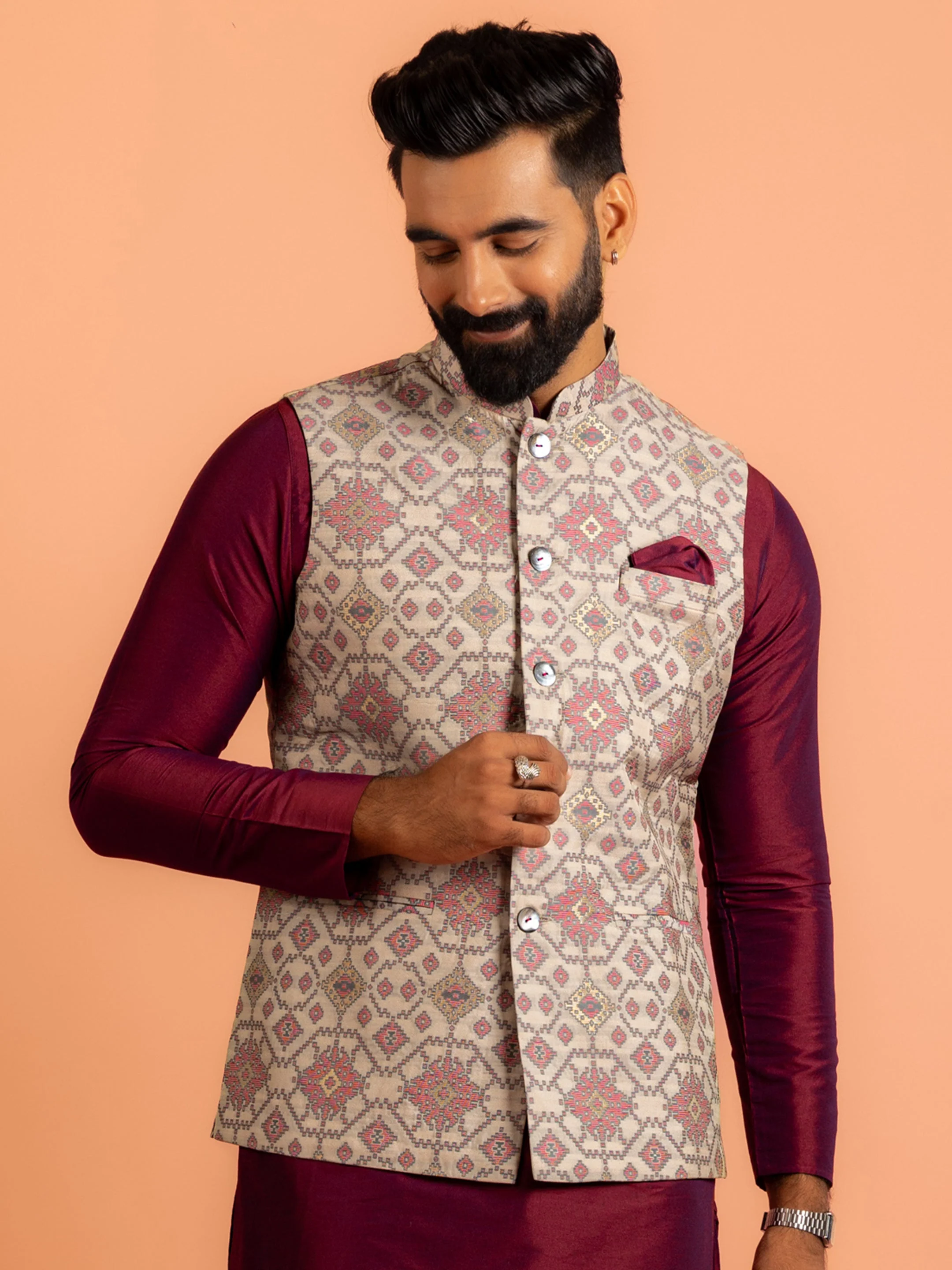Men Grey Woven Design Nehru Jacket - Image 17