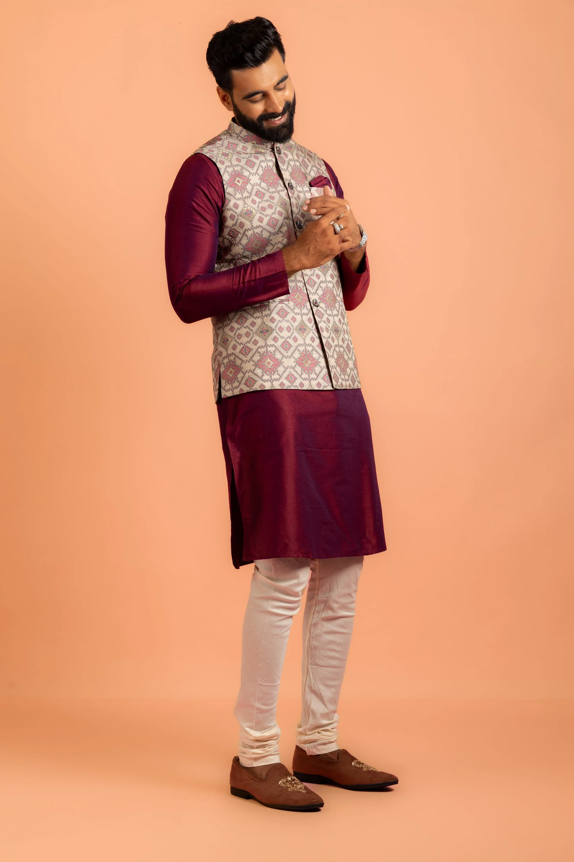 Men Grey Woven Design Nehru Jacket - Image 20