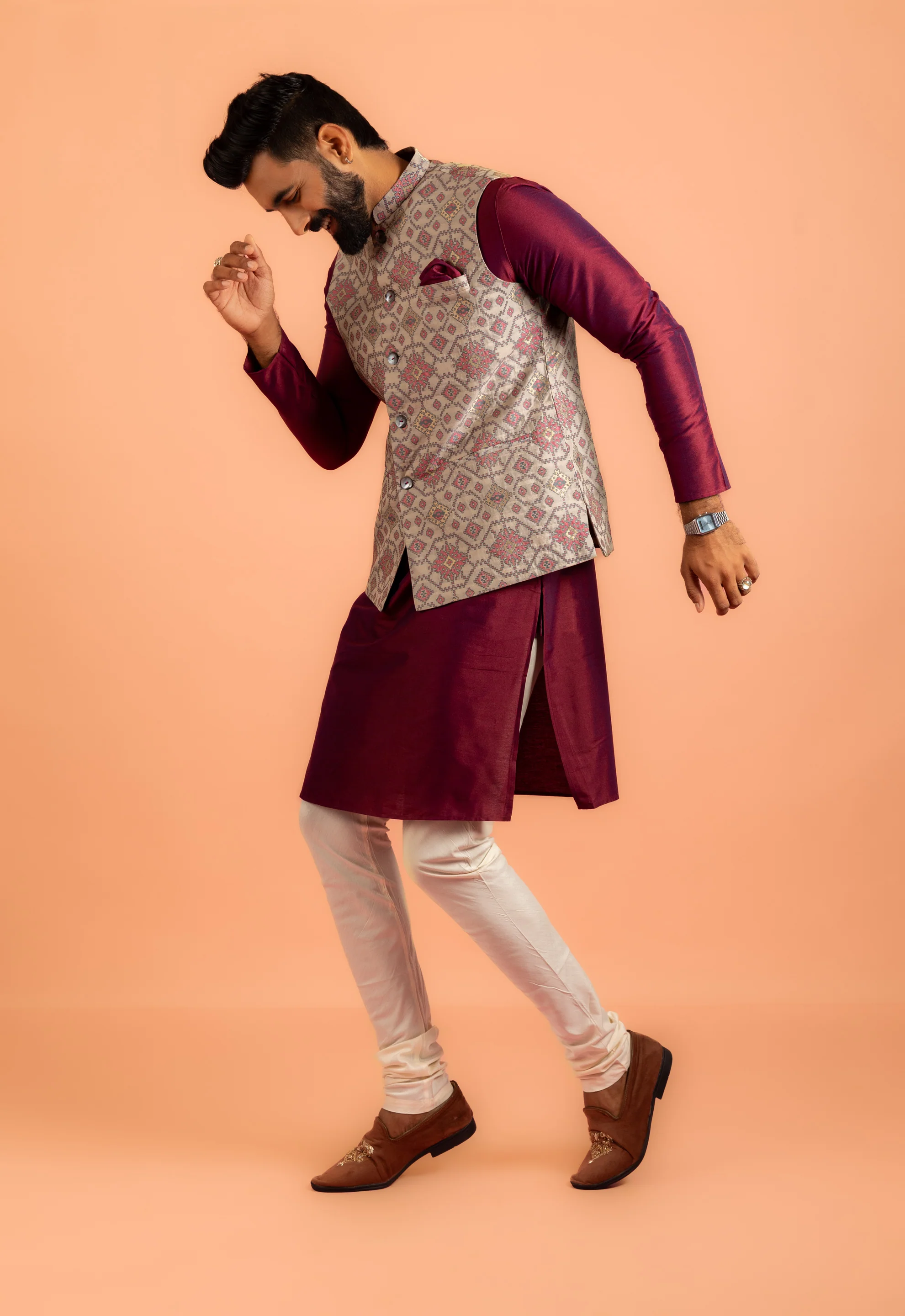 Men Grey Woven Design Nehru Jacket - Image 3