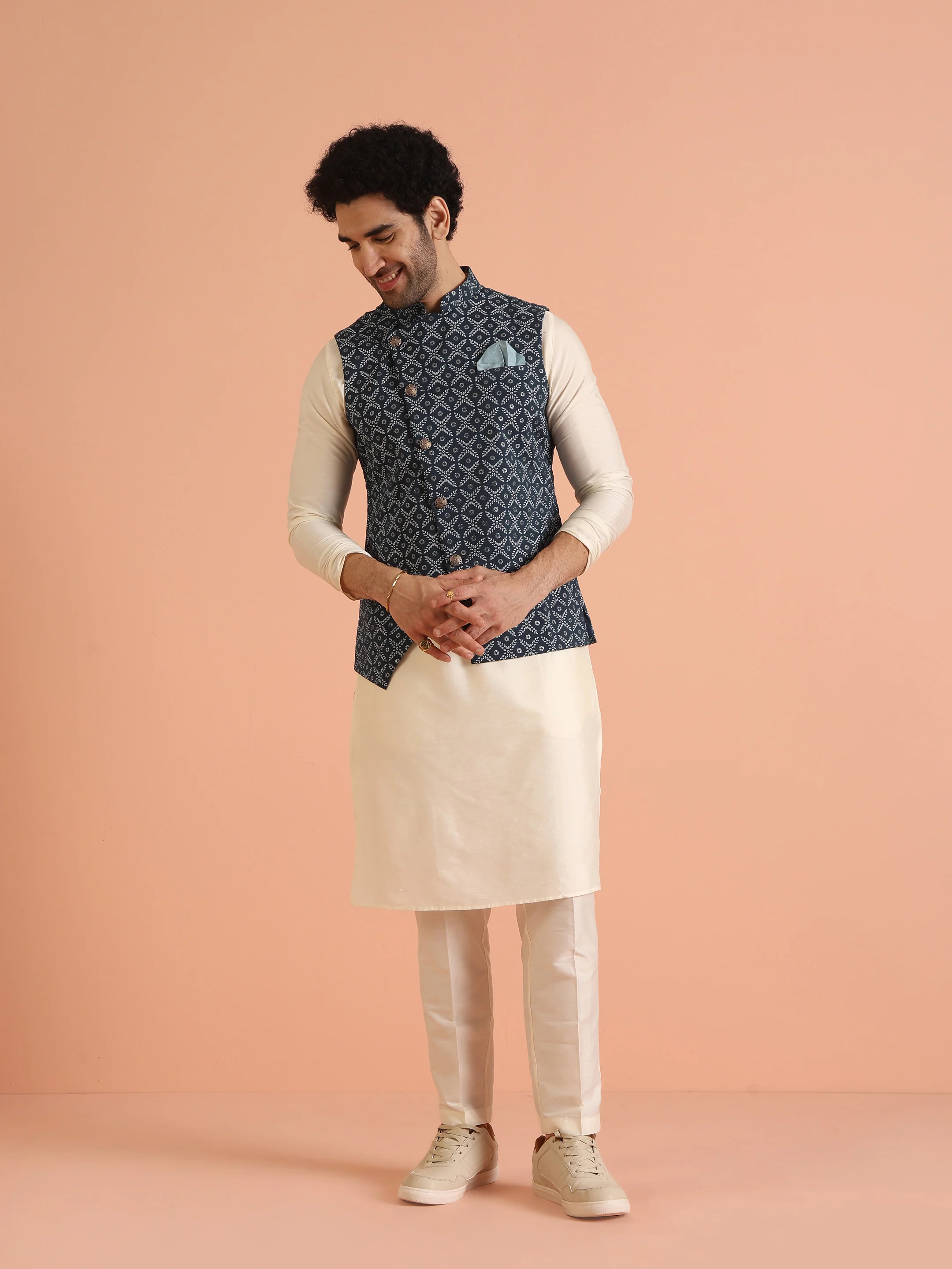 Blue Cotton Printed Nehru Jacket Bundi - Image 3