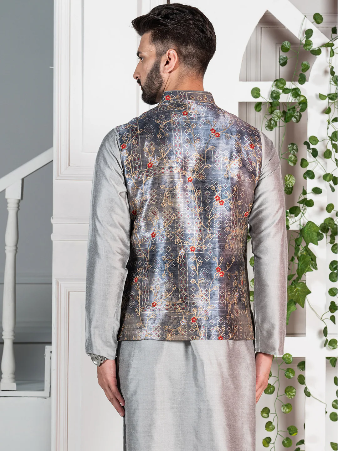 Men Grey Traditional Motifs Nehru Jacket - Image 5
