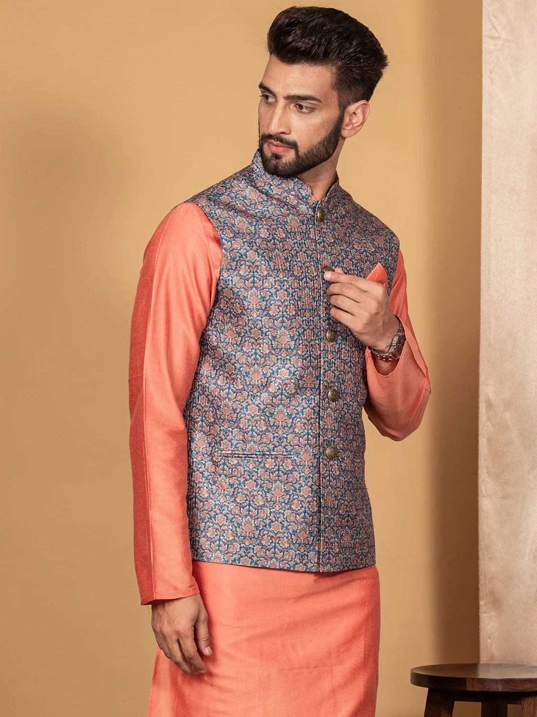 Men Blue Traditional Motifs Nehru Jacket - Image 2