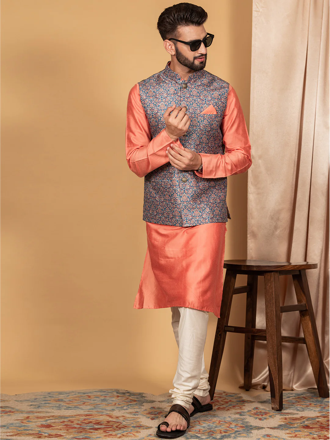 Men Blue Traditional Motifs Nehru Jacket - Image 3