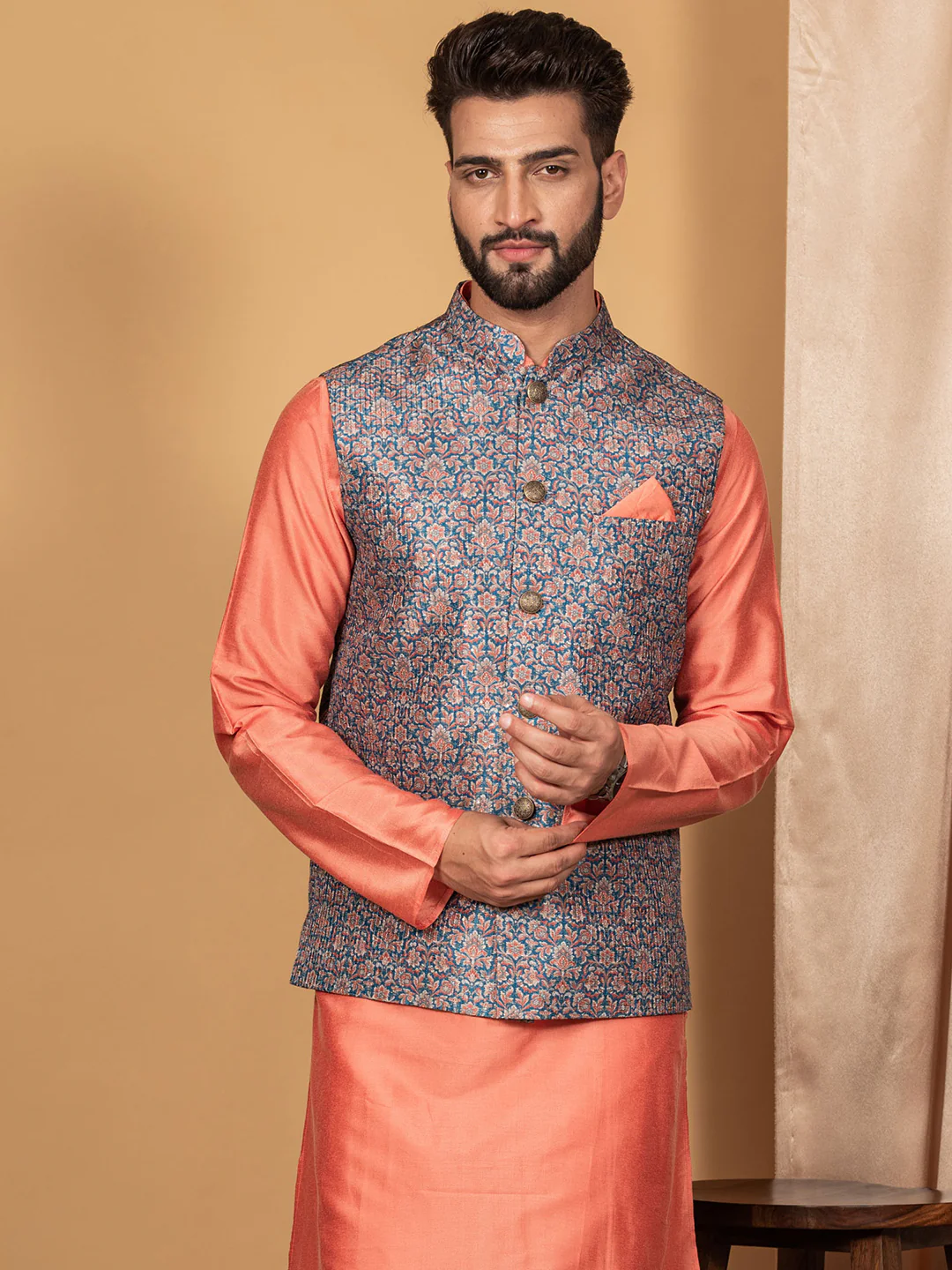 Men Blue Traditional Motifs Nehru Jacket - Image 4