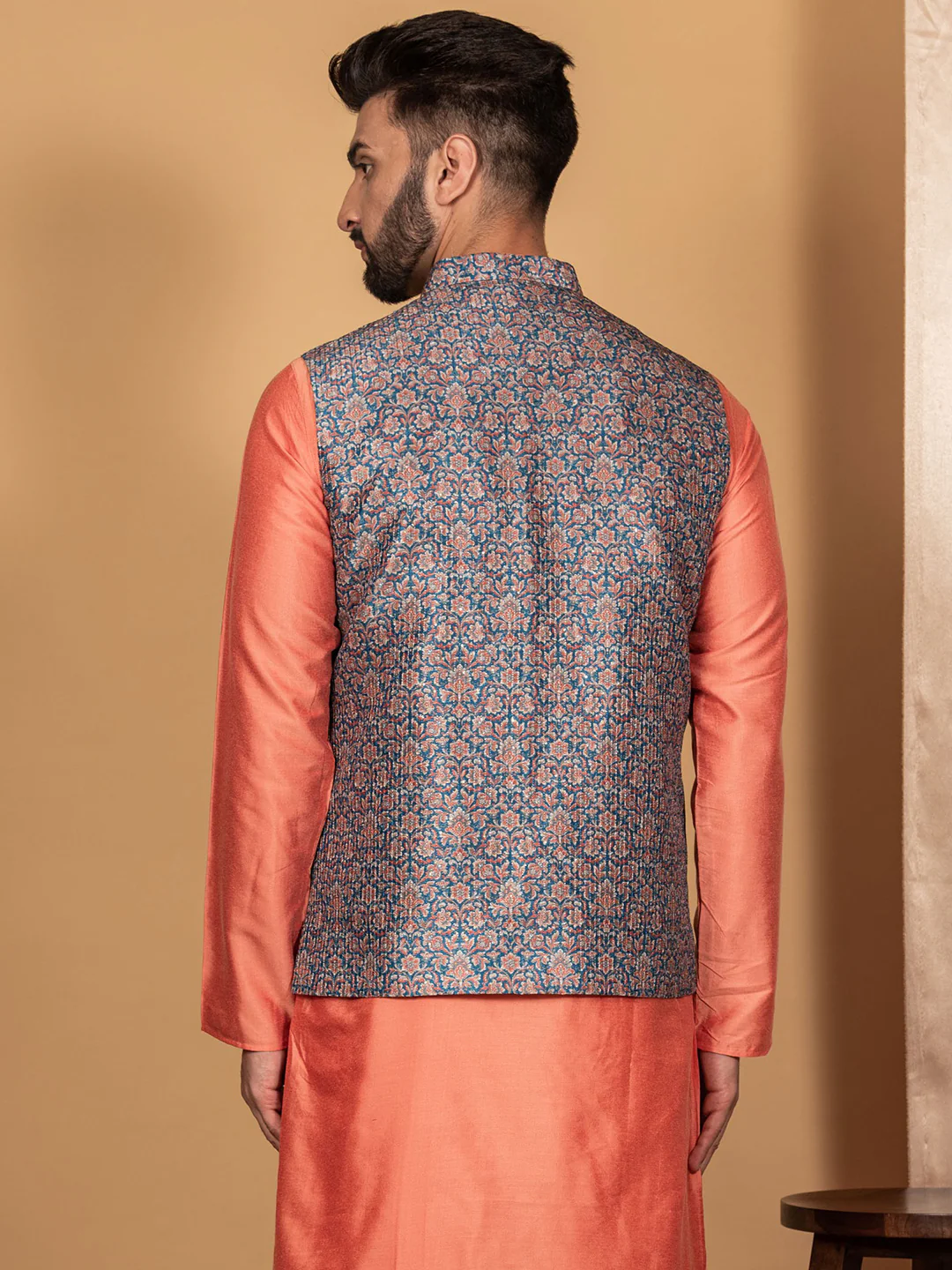 Men Blue Traditional Motifs Nehru Jacket - Image 5