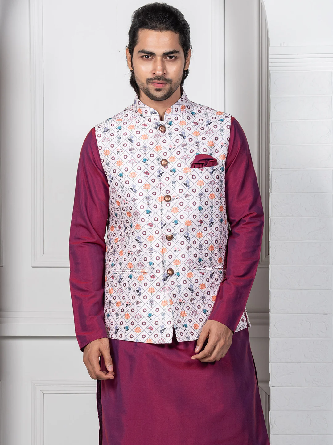 Men White Geometric Nehru Jacket - Image 4