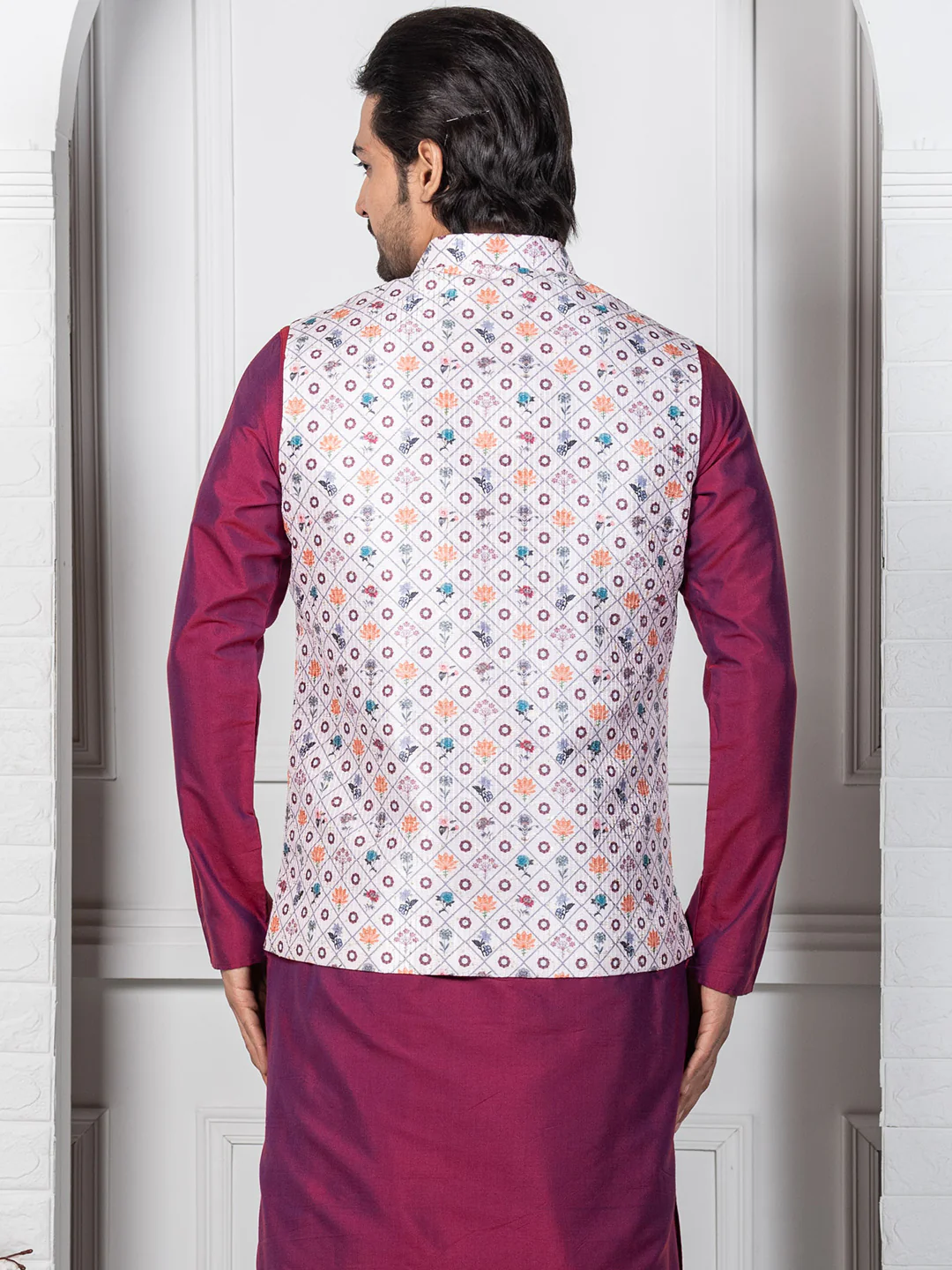 Men White Geometric Nehru Jacket - Image 5