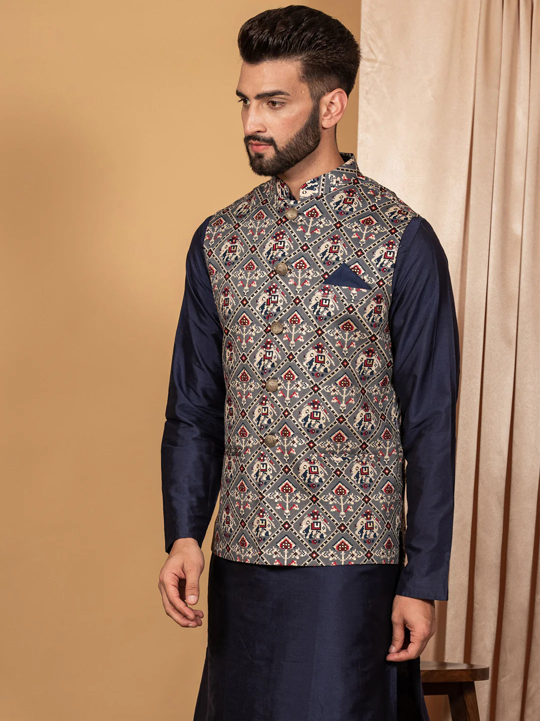 Men Grey Traditional Motifs Nehru Jacket