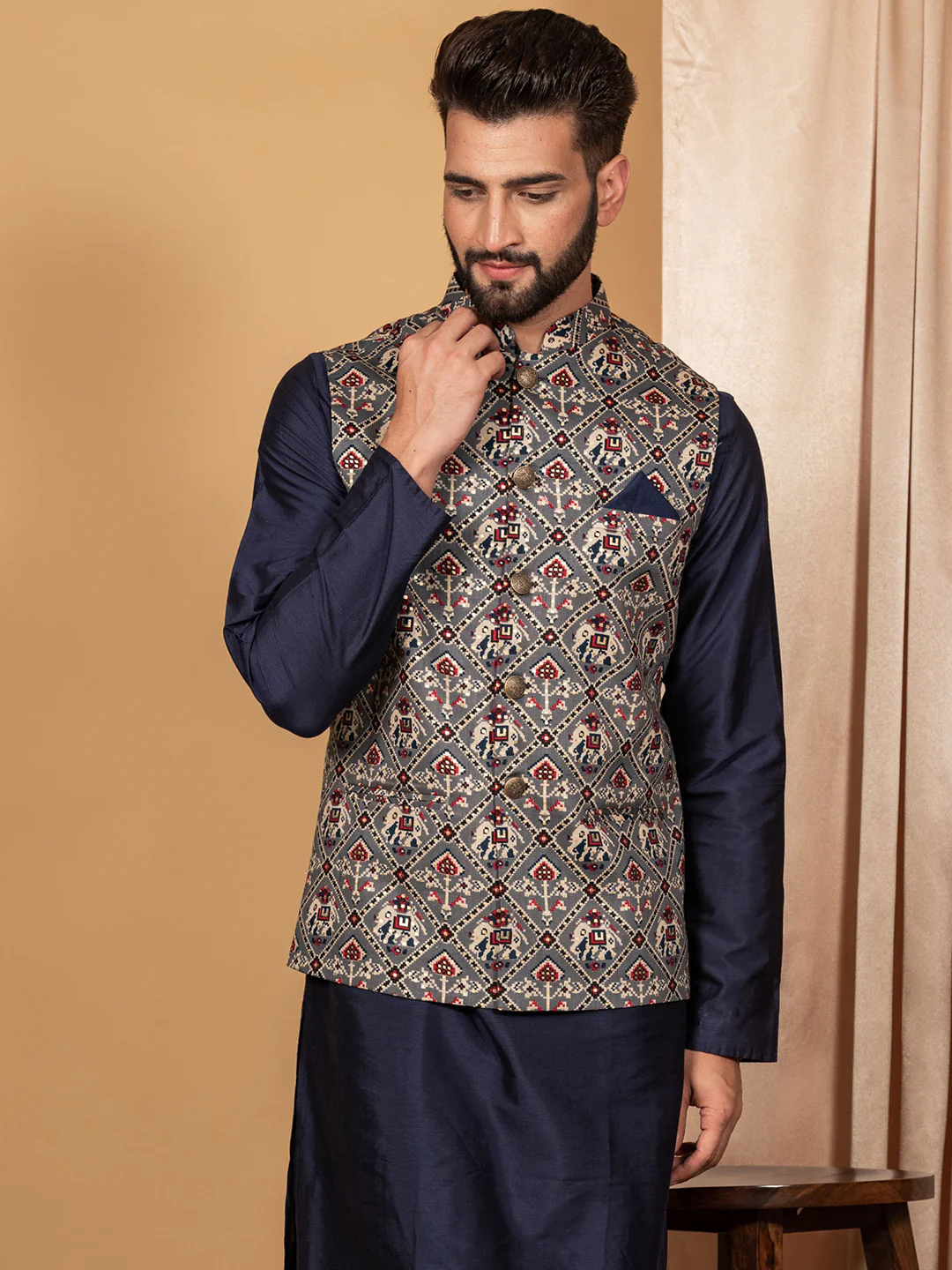 Men Grey Traditional Motifs Nehru Jacket - Image 4