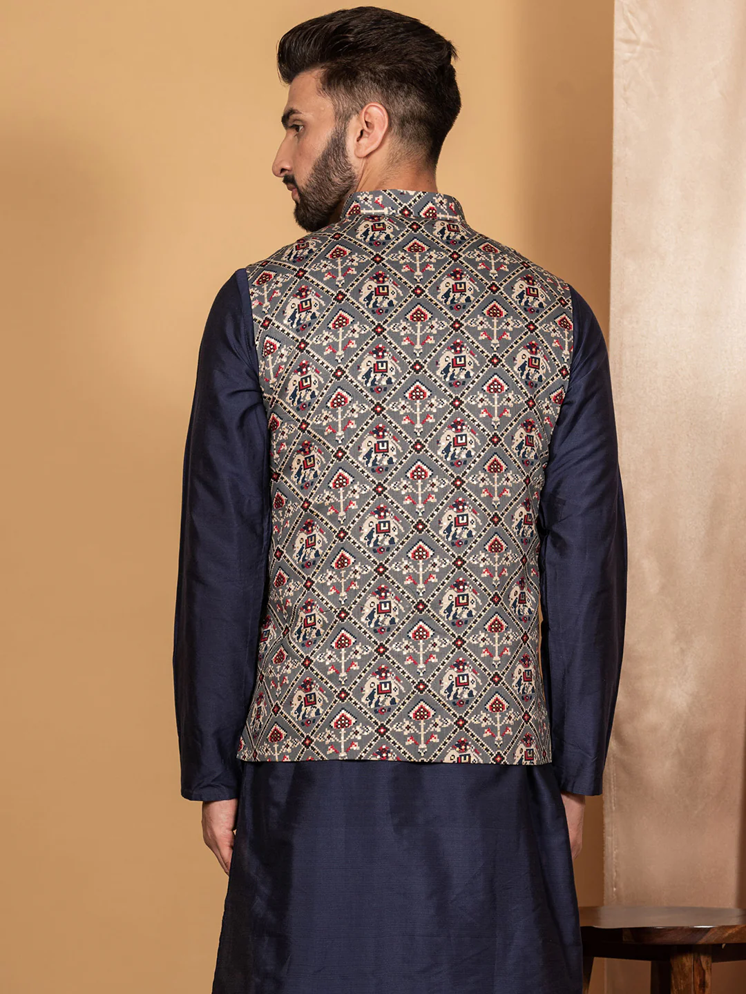 Men Grey Traditional Motifs Nehru Jacket - Image 5