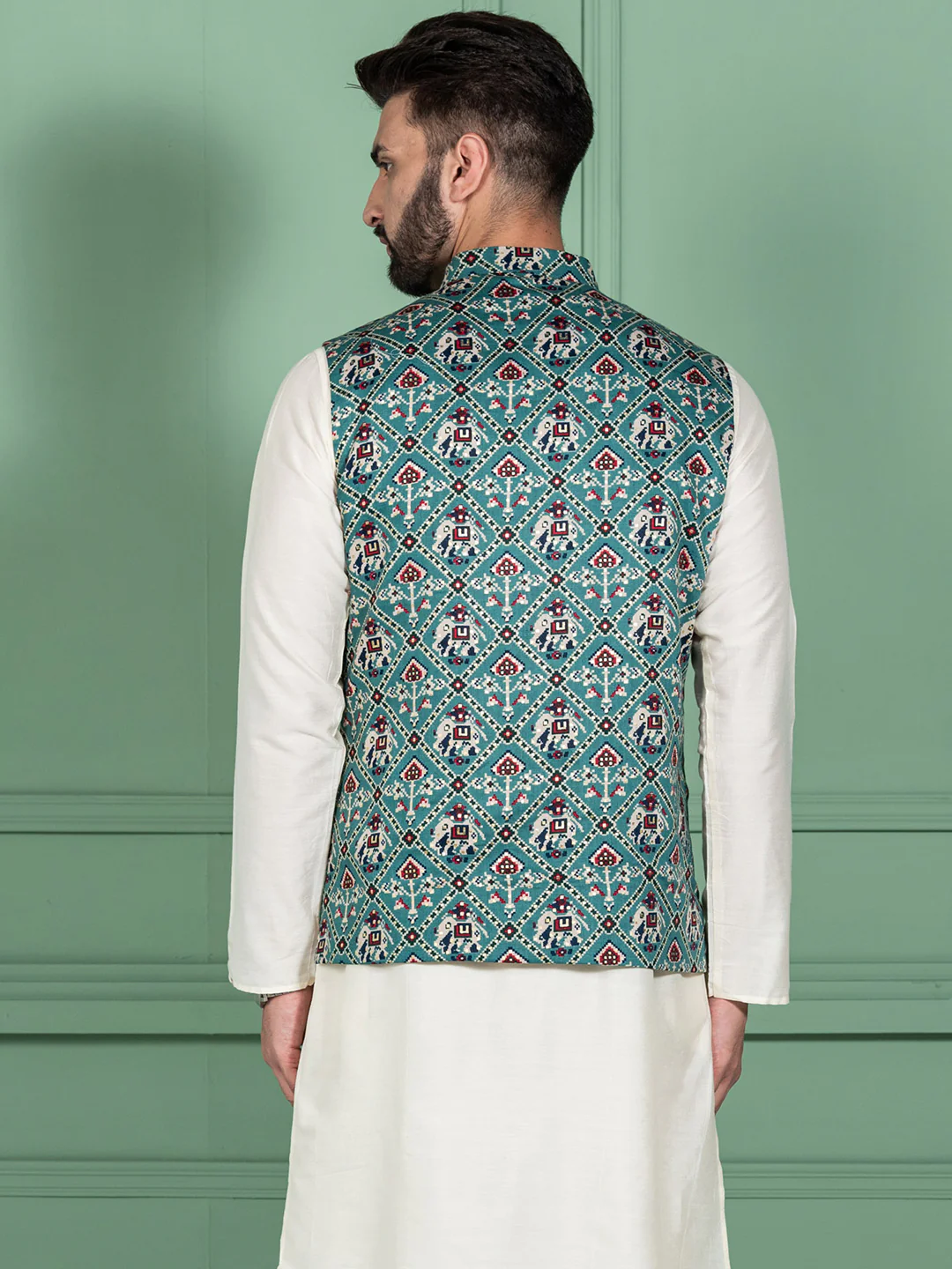 Men Green Traditional Motifs Nehru Jacket - Image 5