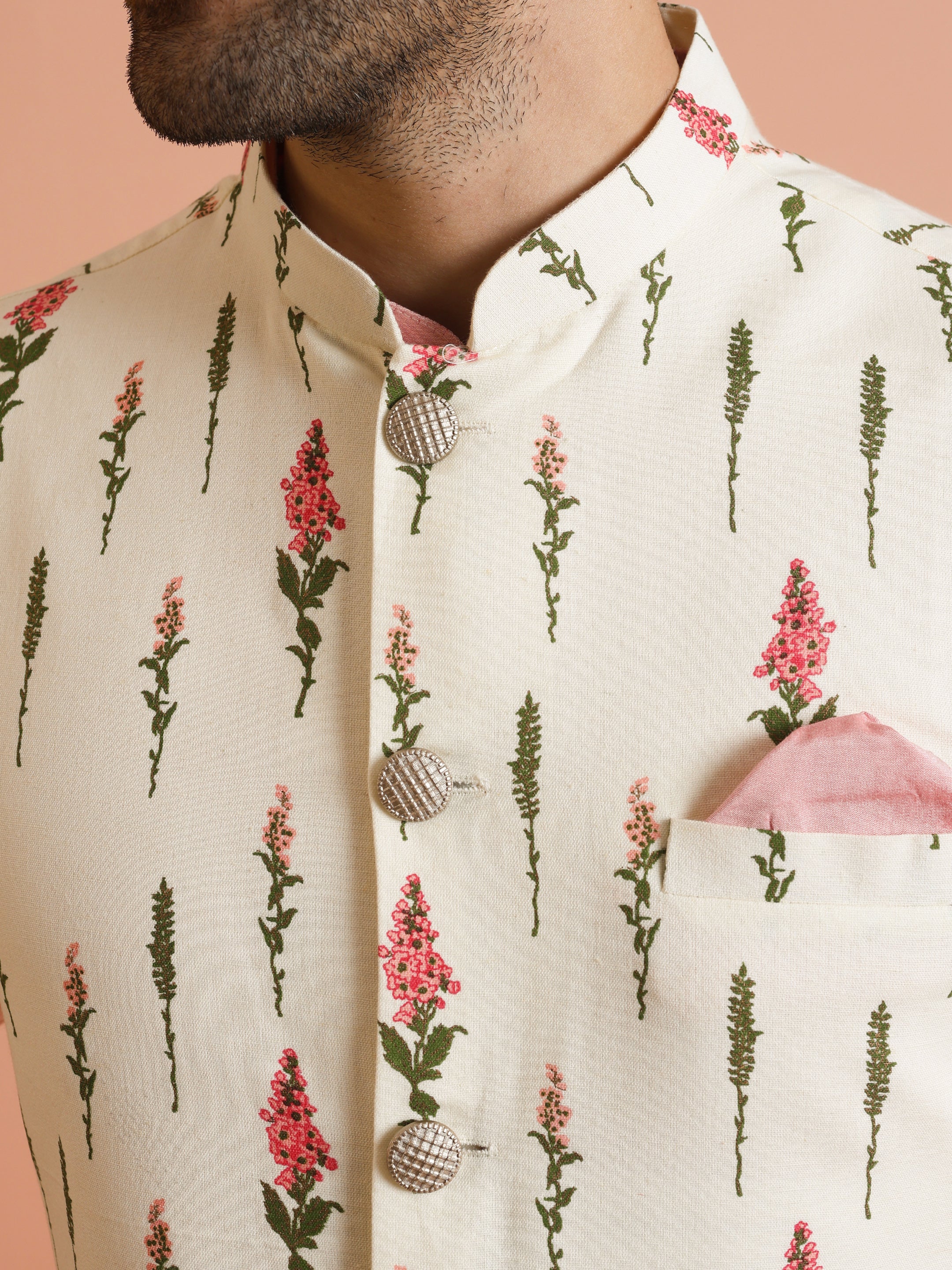 Ivory Floral Printed Silk Blend Nehru Jacket - Image 2