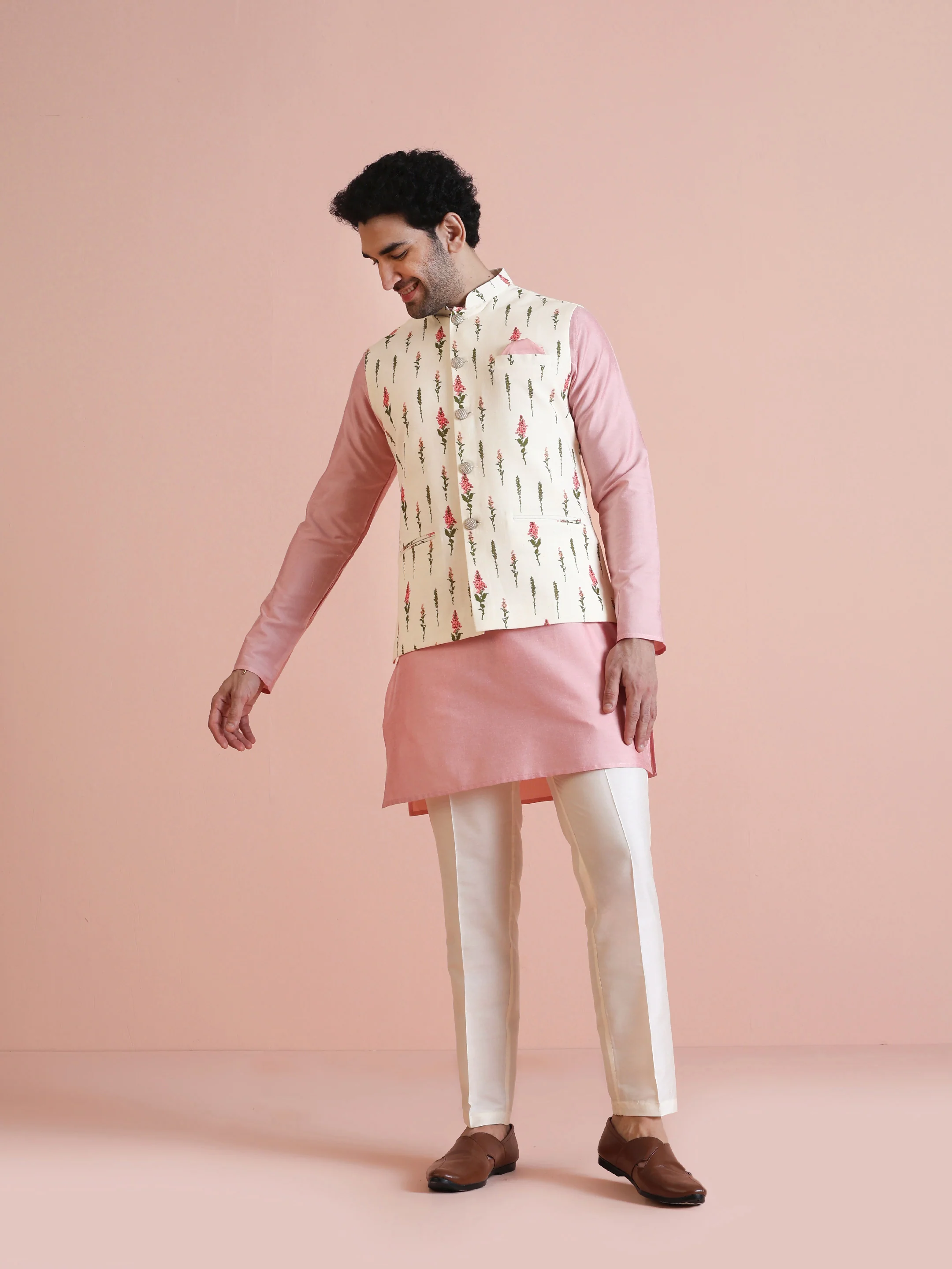 Ivory Floral Printed Silk Blend Nehru Jacket - Image 6