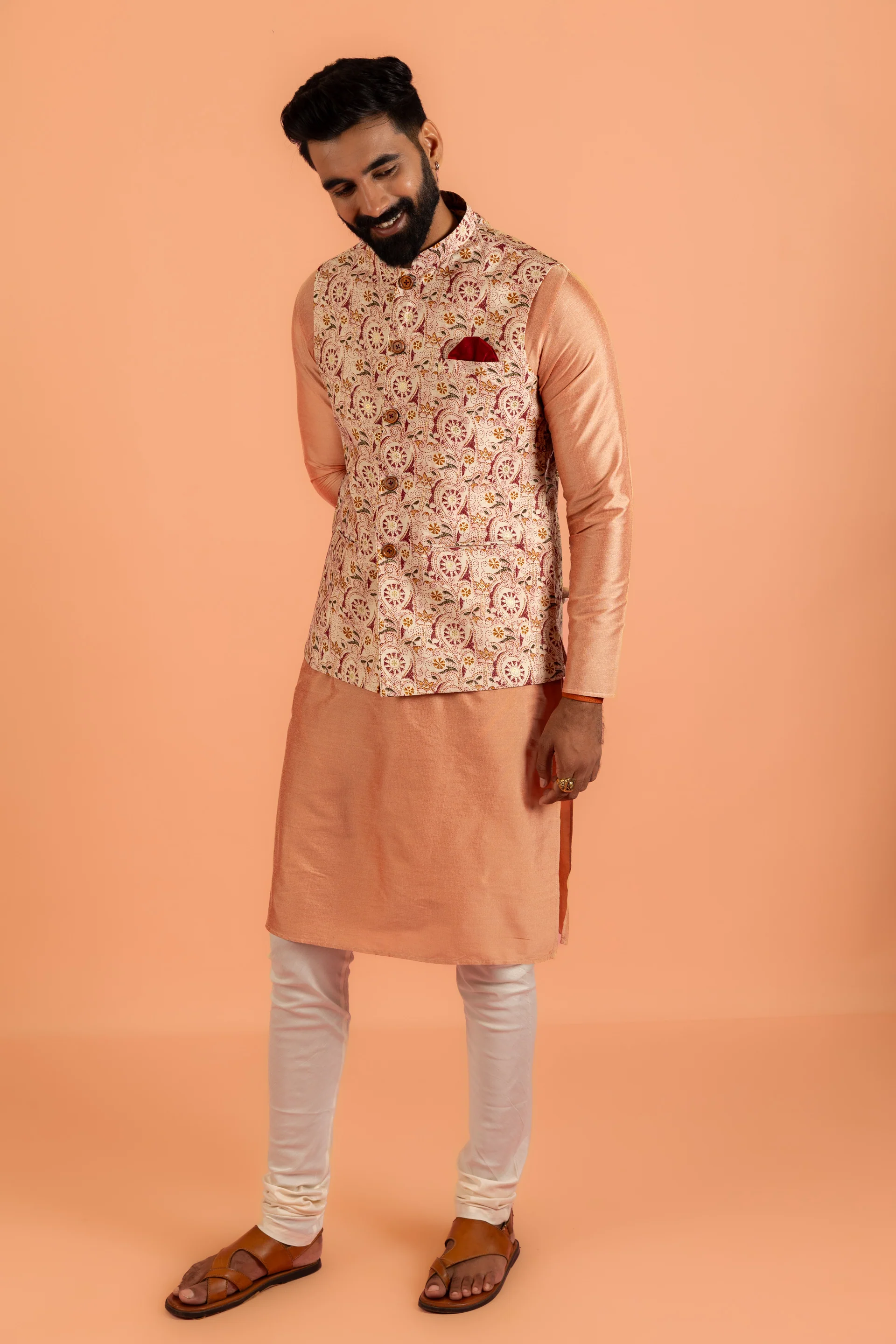 Peach Silk Blend Jacquard Nehru Jacket with Maroon - Image 4