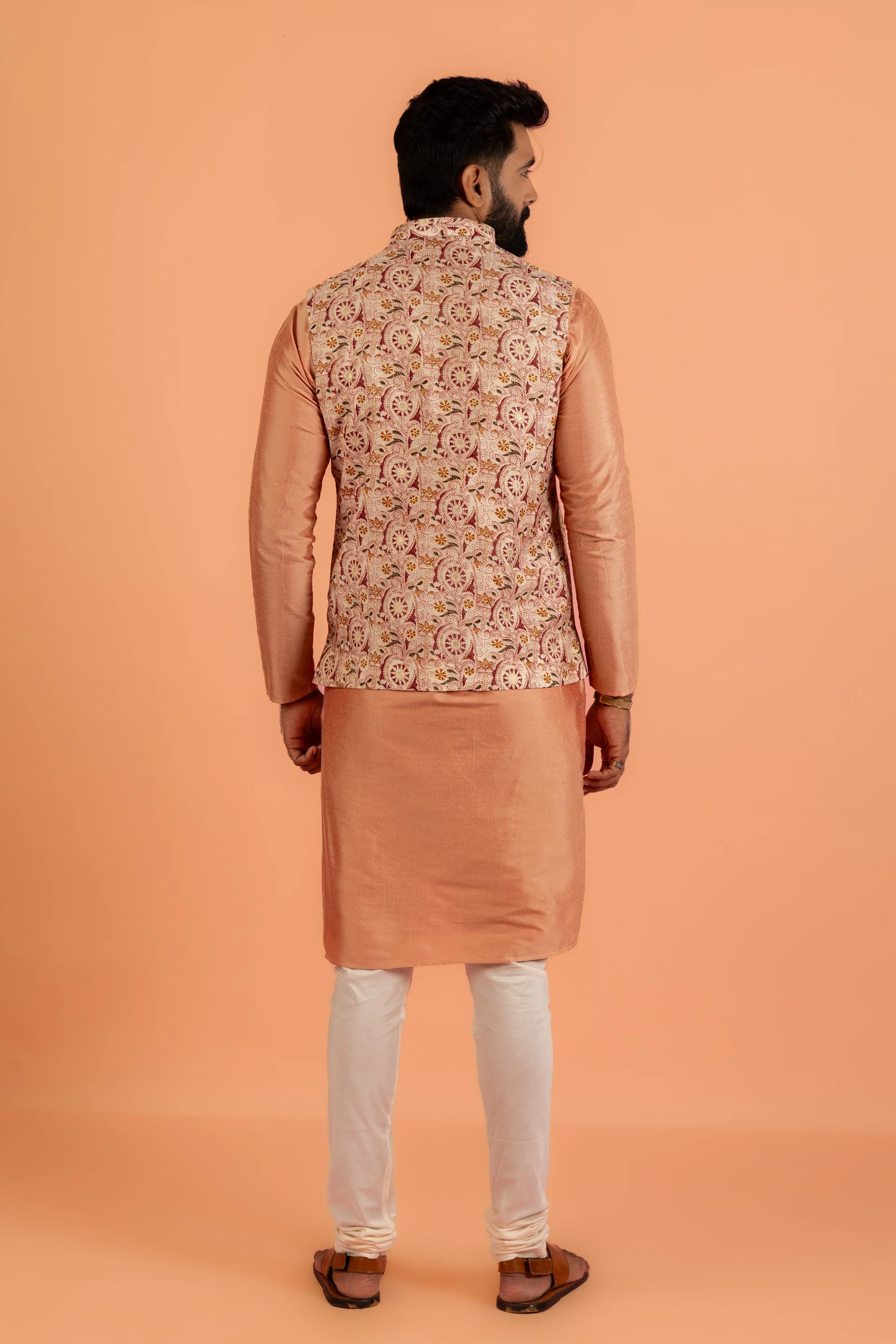 Peach Silk Blend Jacquard Nehru Jacket with Maroon - Image 5