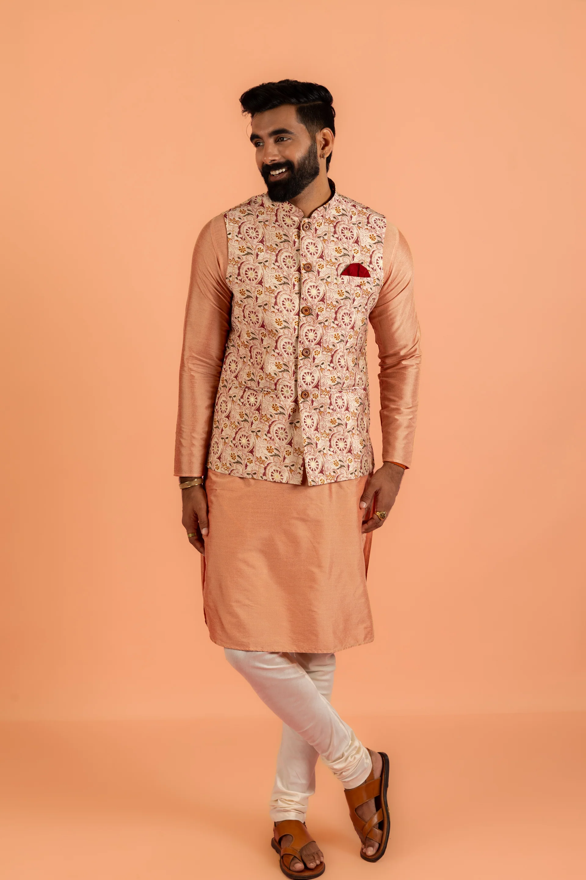 Peach Silk Blend Jacquard Nehru Jacket with Maroon - Image 7