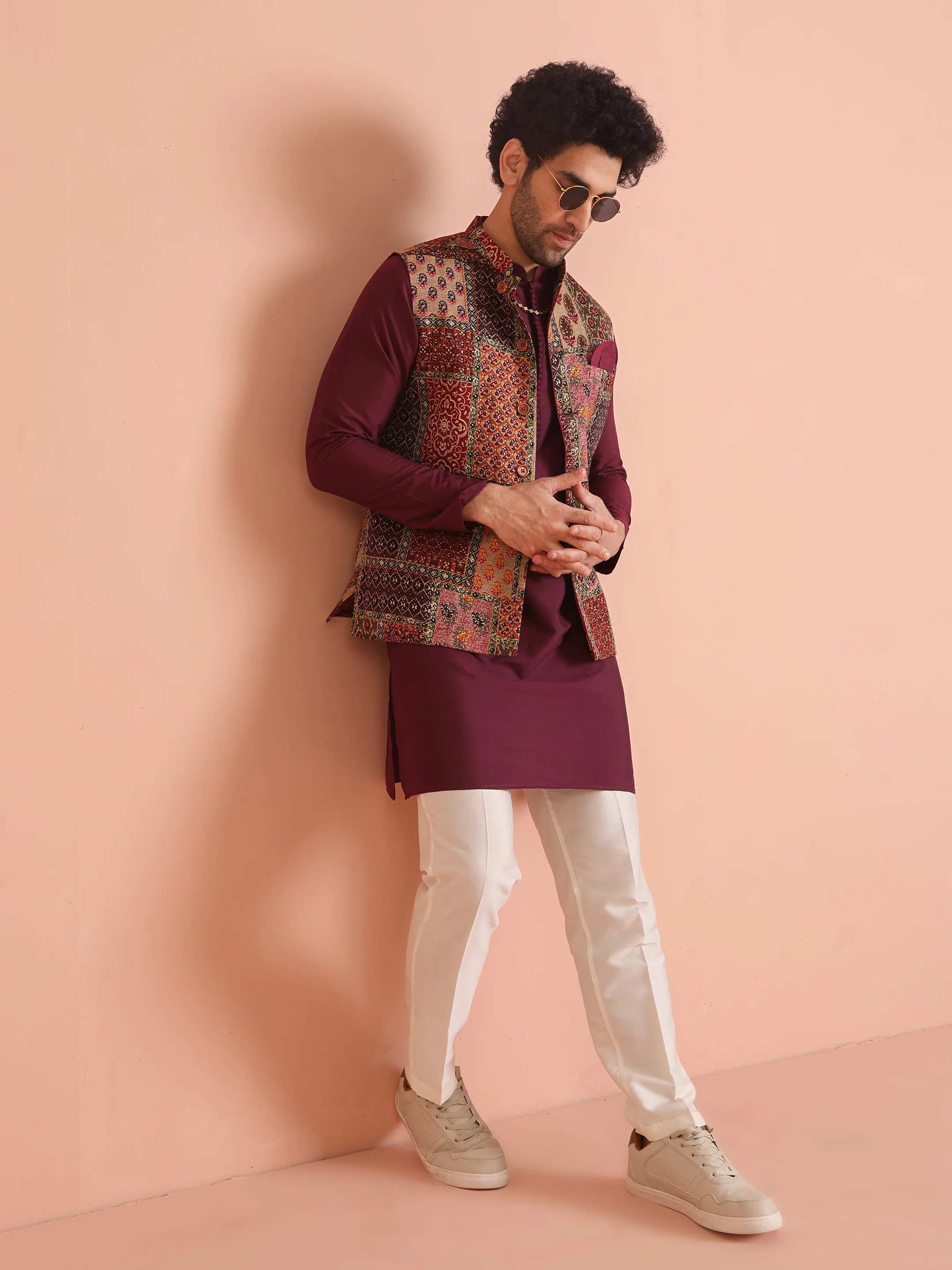 Maroon Multicolor Patchwork Printed Silk Blend Nehru Jacket - Image 3