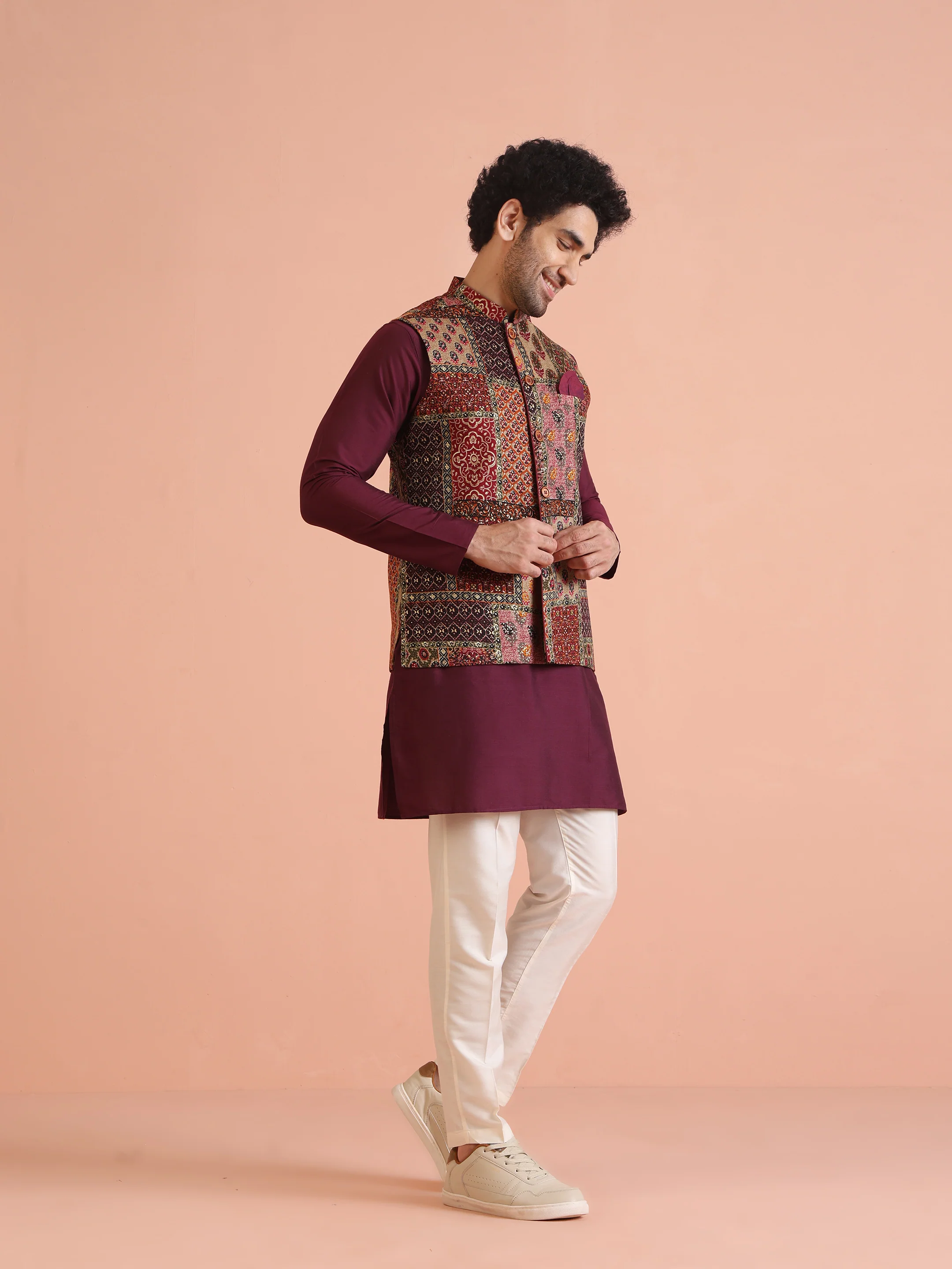 Maroon Multicolor Patchwork Printed Silk Blend Nehru Jacket - Image 5