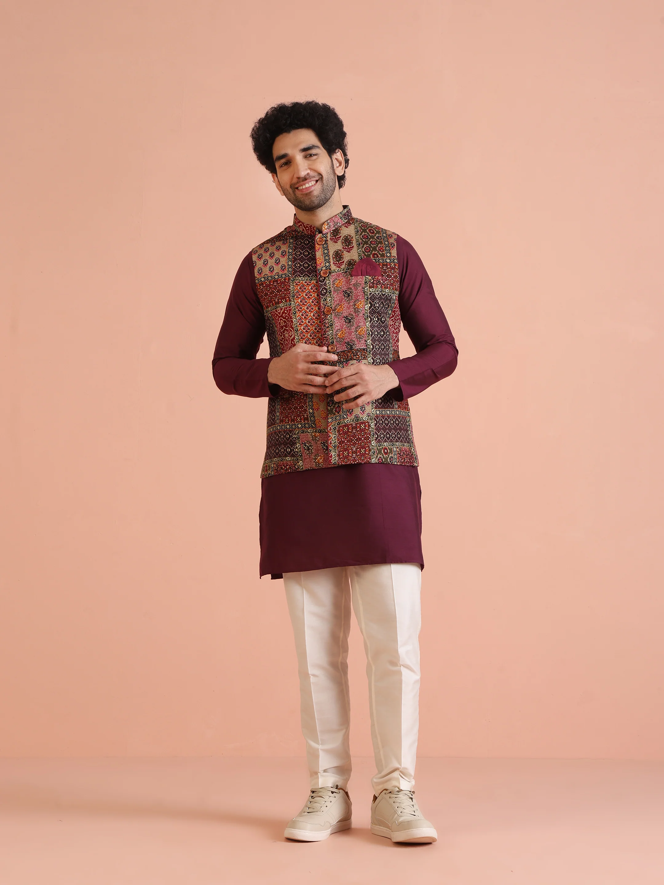 Maroon Multicolor Patchwork Printed Silk Blend Nehru Jacket - Image 7