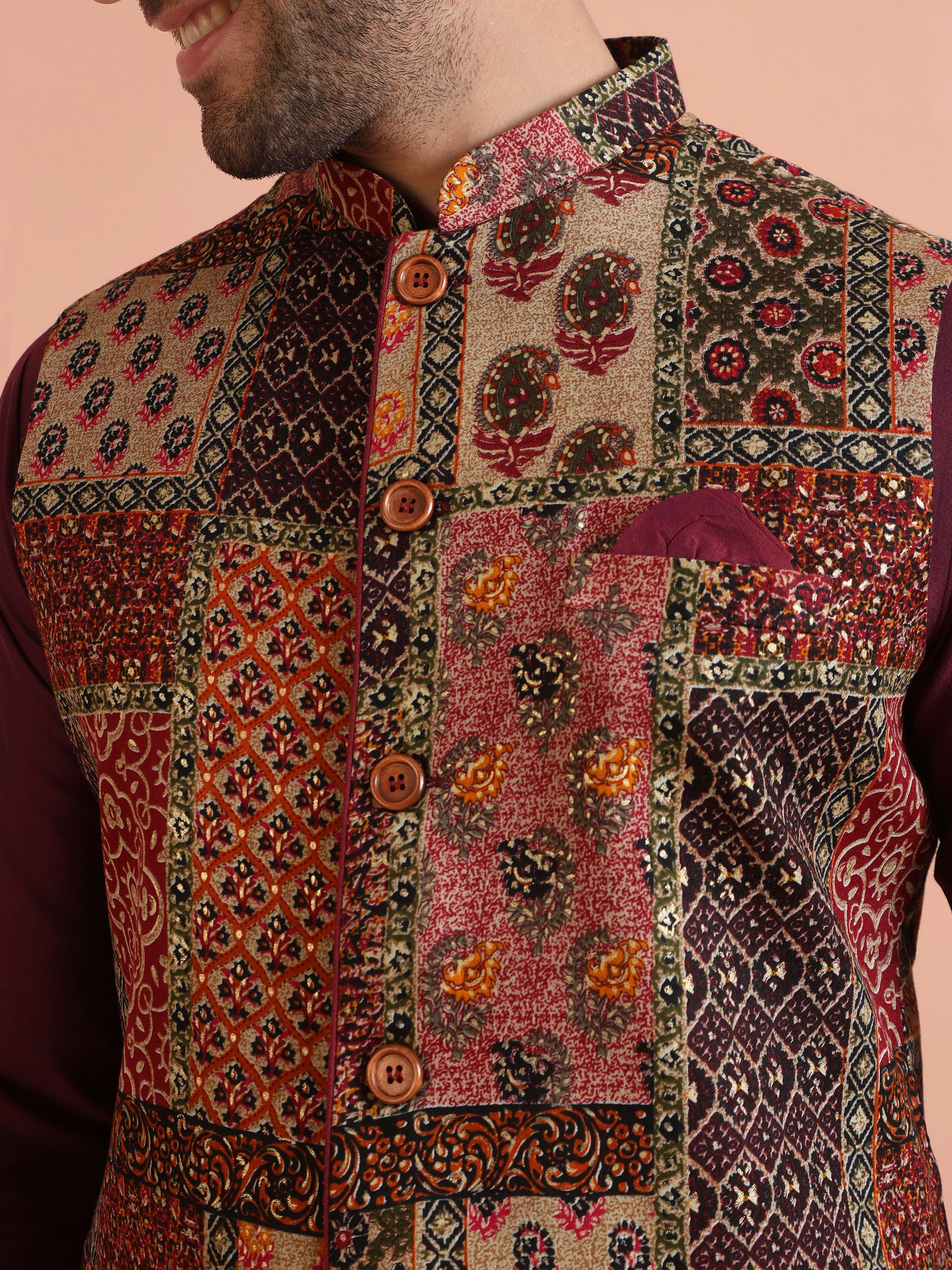 Maroon Multicolor Patchwork Printed Silk Blend Nehru Jacket - Image 8