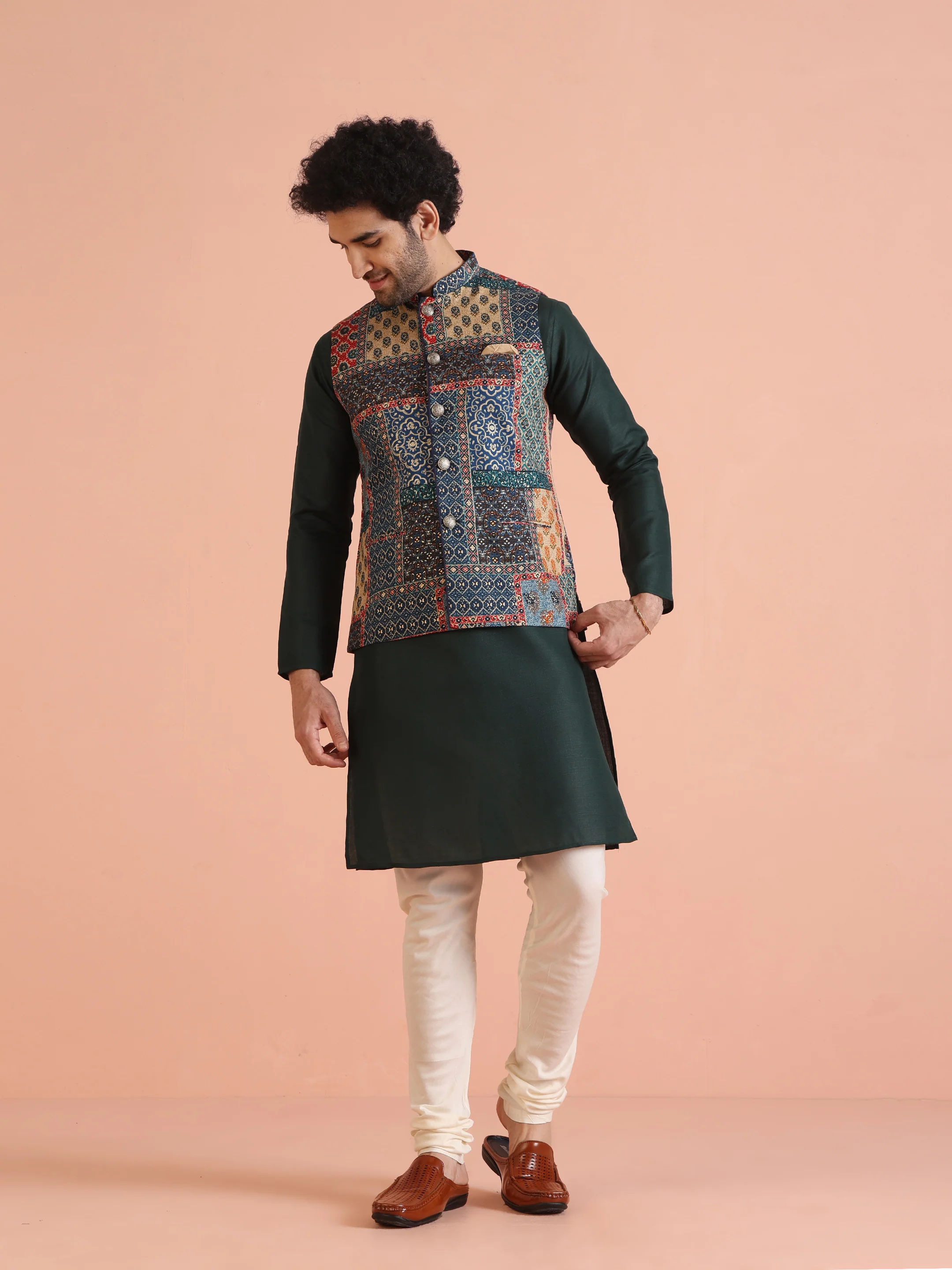 Multicolor Patchwork Printed Silk Blend Nehru Jacket with Mandarin Collar - Image 4