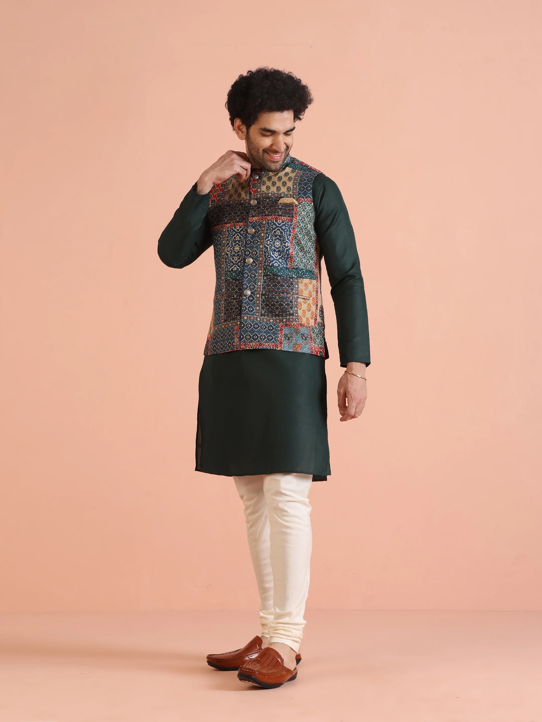 Multicolor Patchwork Printed Silk Blend Nehru Jacket with Mandarin Collar - Image 7