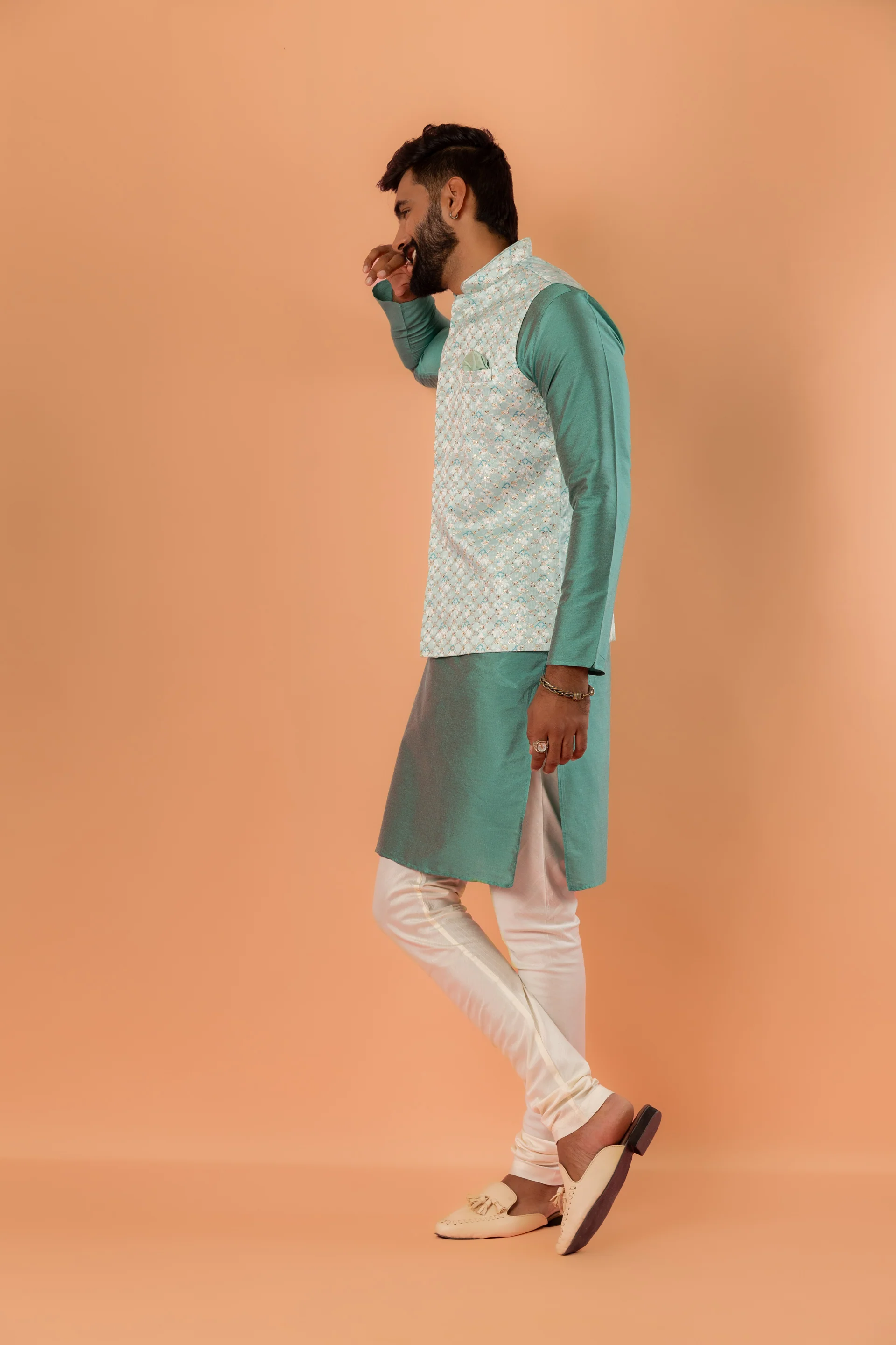 Mint Green Jacquard Nehru Jacket - Image 4
