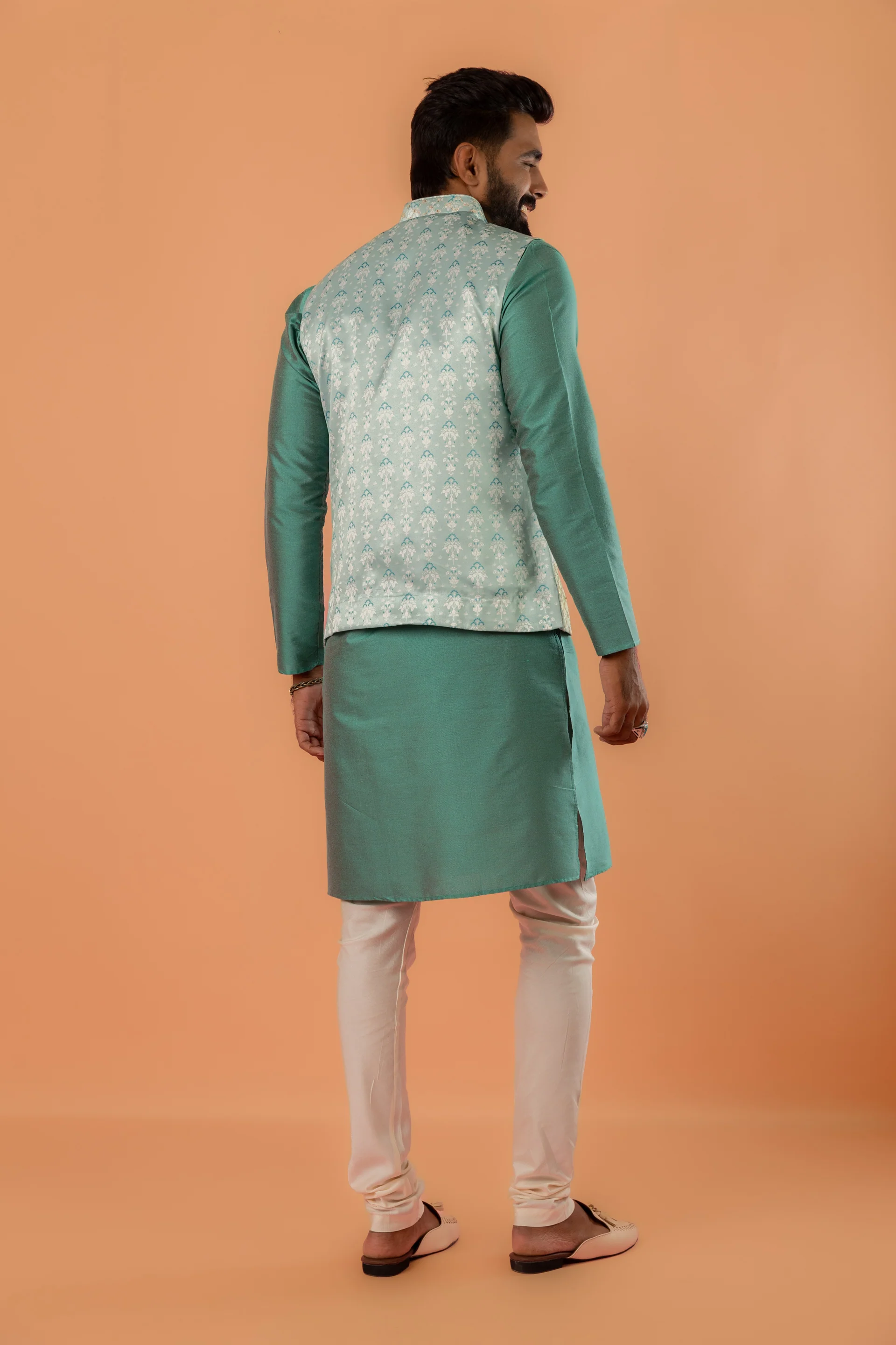 Mint Green Jacquard Nehru Jacket - Image 5