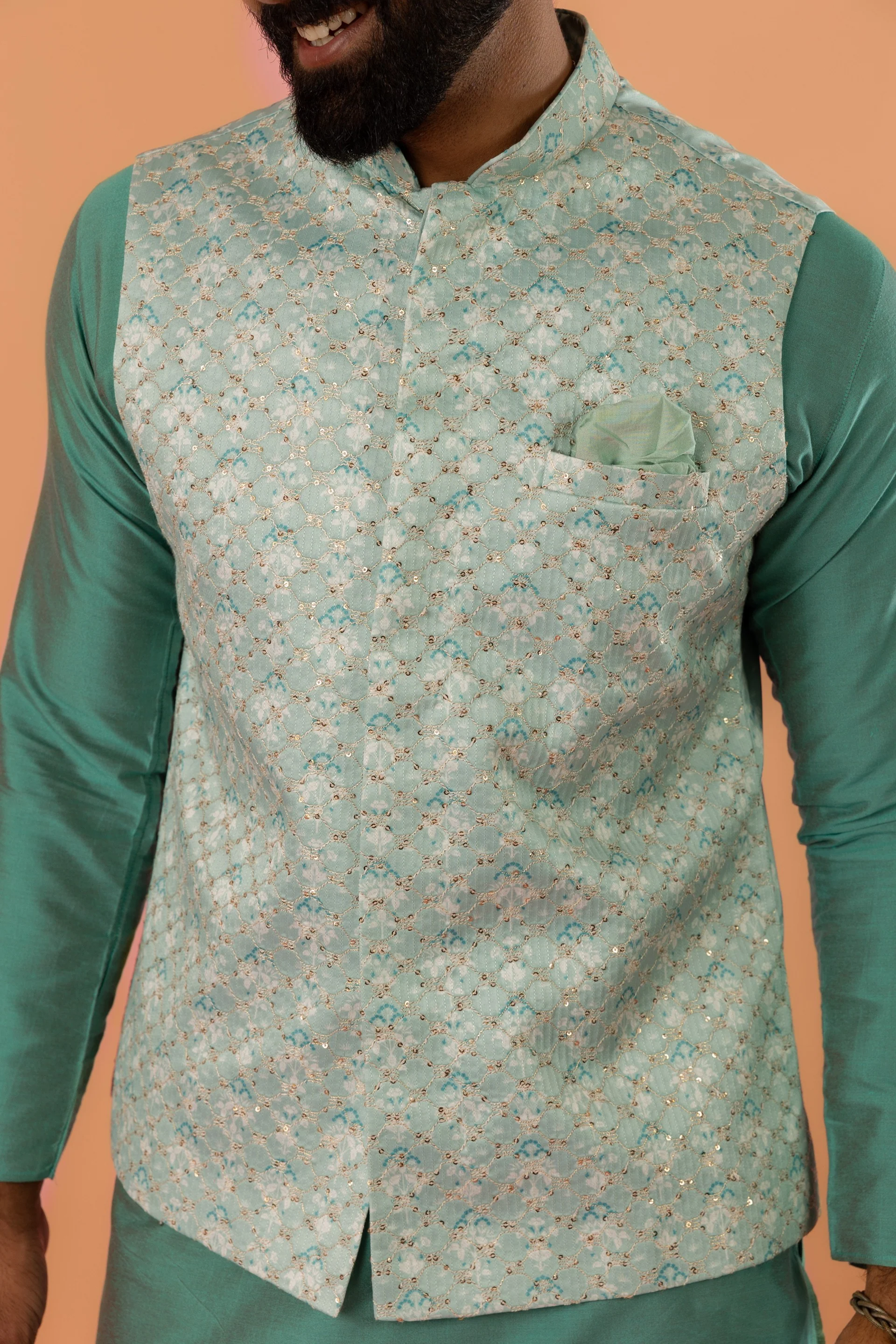 Mint Green Jacquard Nehru Jacket - Image 6
