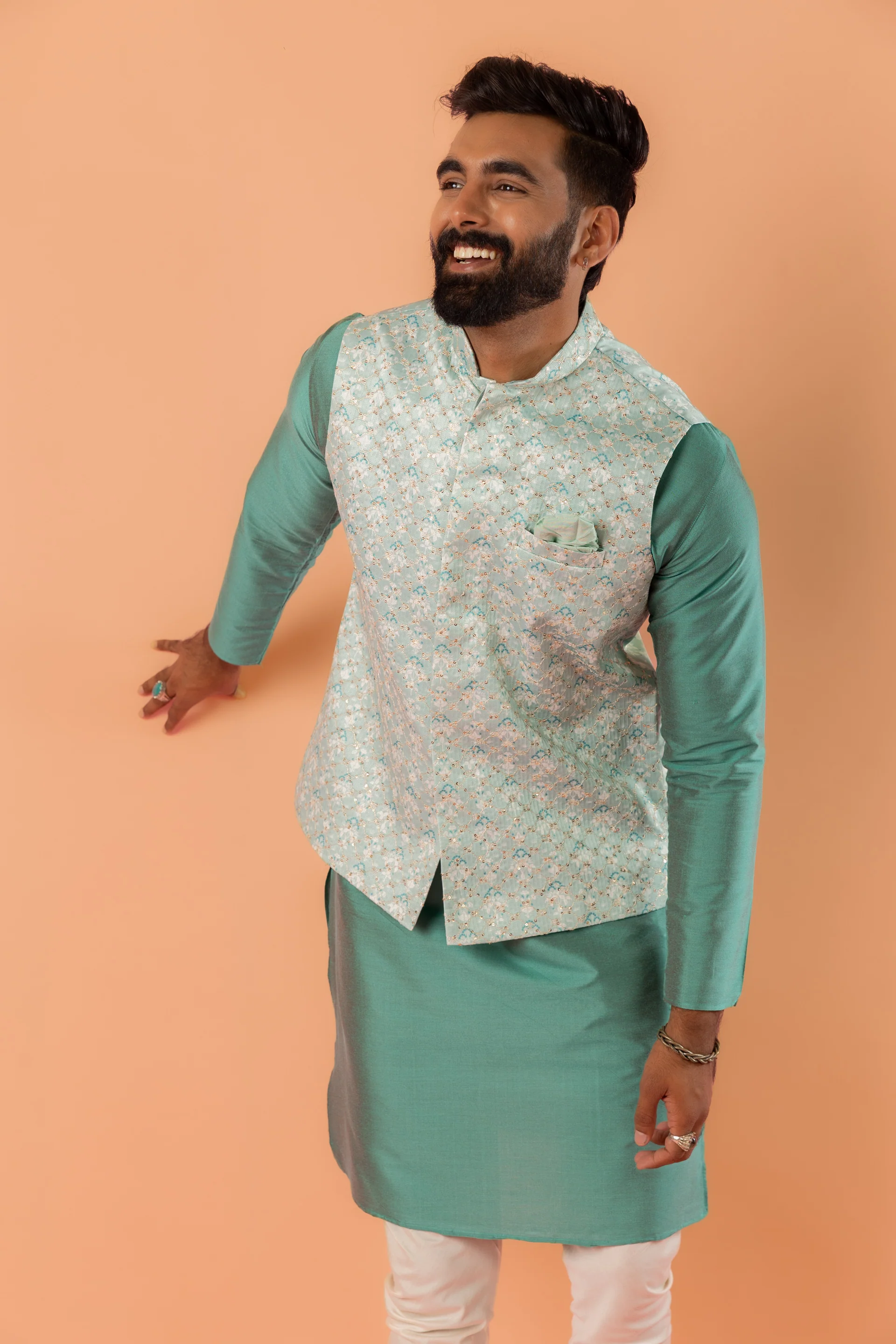 Mint Green Jacquard Nehru Jacket - Image 7