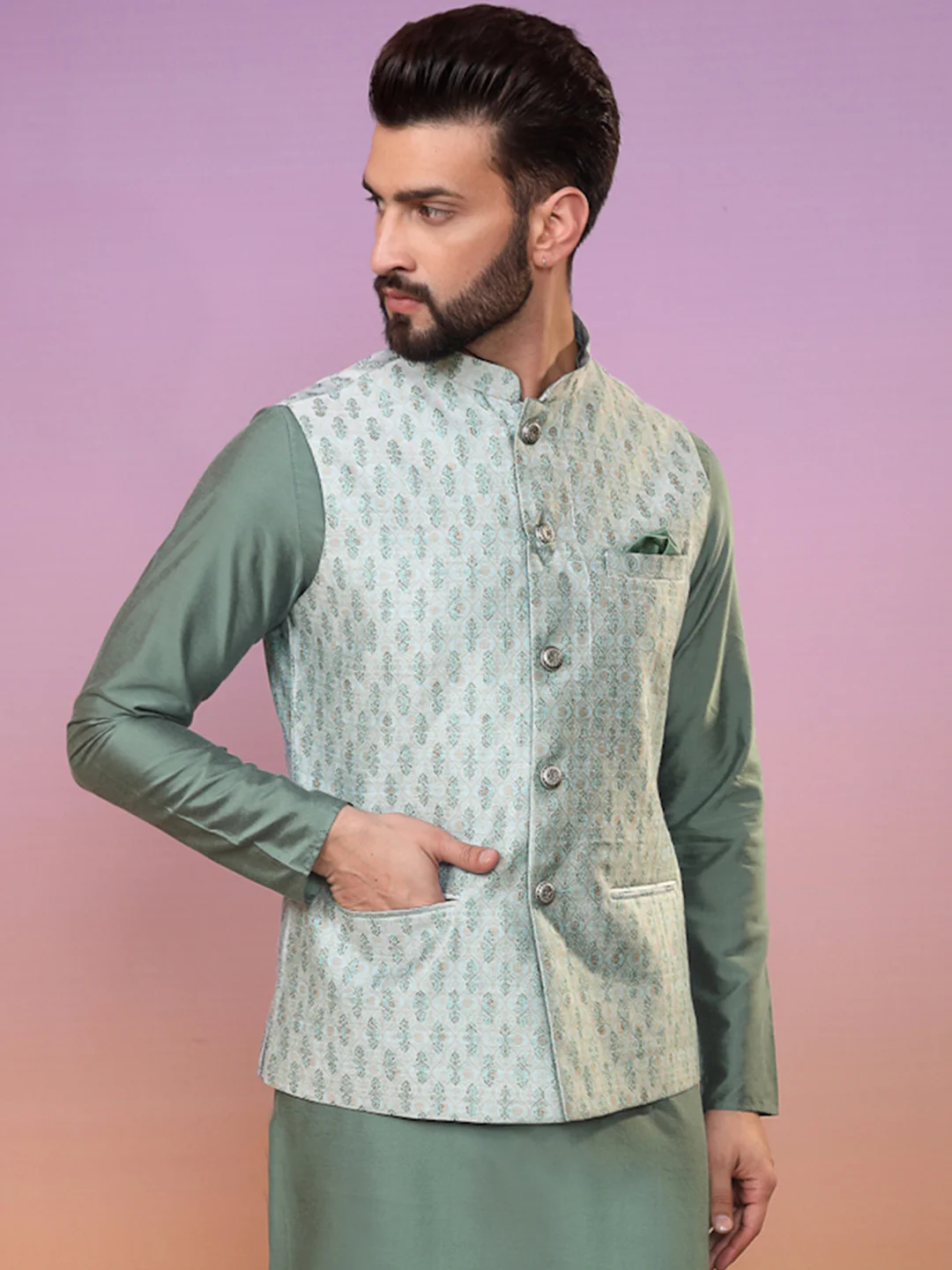 Men Green Printed Nehru Jacket - Image 2